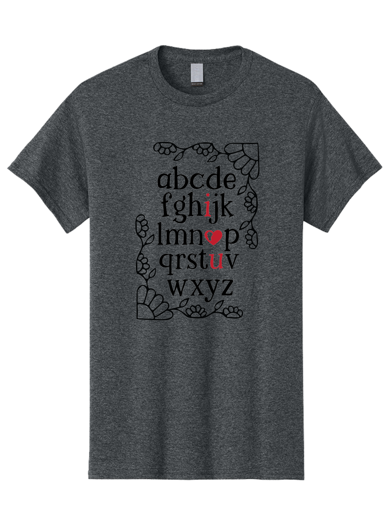Alphabet-Abcdefghijklmnopqrstuvwxyz Men'S Graphic Tee, 100% Cotton, Comfortable Casual Summer Wear, Machine Washable, Typography Illustration, Alphabet Letters, Floral Vines, Paw Prints, Heart Symbol, Red Accents, Black Font, Creative Design, Aac465 11