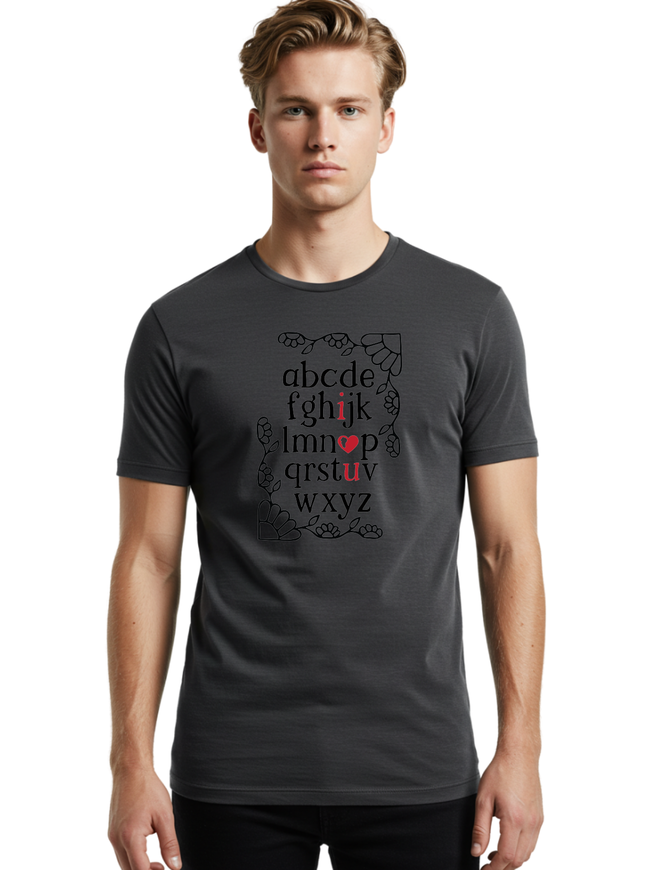 Alphabet-Abcdefghijklmnopqrstuvwxyz Men'S Graphic Tee, 100% Cotton, Comfortable Casual Summer Wear, Machine Washable, Typography Illustration, Alphabet Letters, Floral Vines, Paw Prints, Heart Symbol, Red Accents, Black Font, Creative Design, Aac465 12