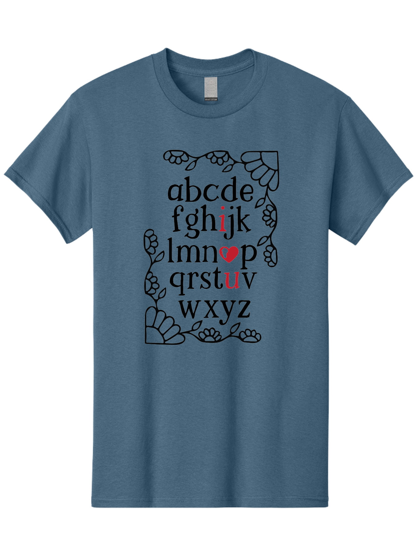 Alphabet-Abcdefghijklmnopqrstuvwxyz Men'S Graphic Tee, 100% Cotton, Comfortable Casual Summer Wear, Machine Washable, Typography Illustration, Alphabet Letters, Floral Vines, Paw Prints, Heart Symbol, Red Accents, Black Font, Creative Design, Aac465 29