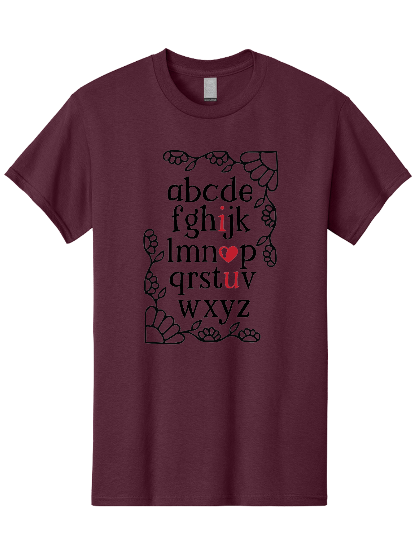Alphabet-Abcdefghijklmnopqrstuvwxyz Men'S Graphic Tee, 100% Cotton, Comfortable Casual Summer Wear, Machine Washable, Typography Illustration, Alphabet Letters, Floral Vines, Paw Prints, Heart Symbol, Red Accents, Black Font, Creative Design, Aac465 7