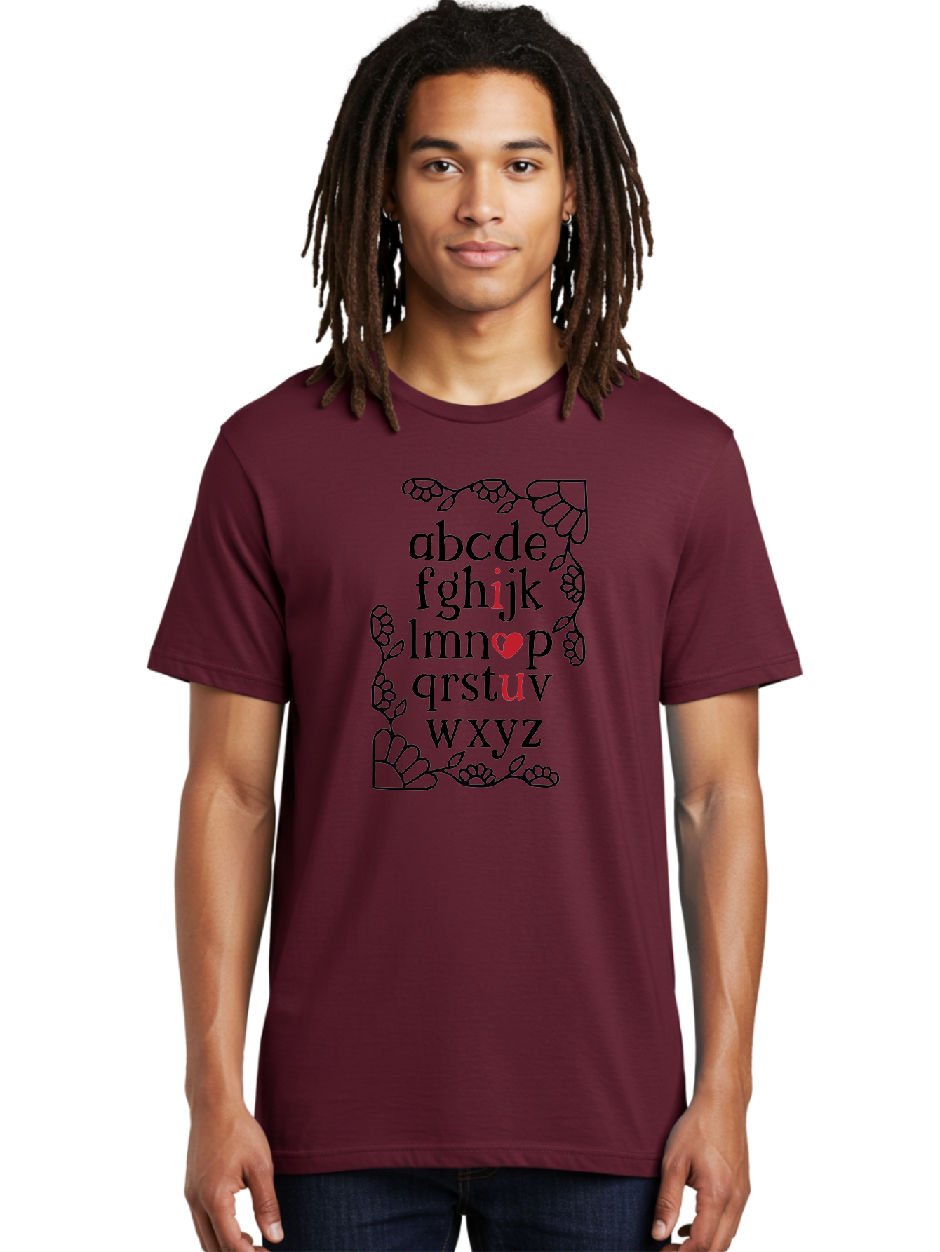 Alphabet-Abcdefghijklmnopqrstuvwxyz Men'S Graphic Tee, 100% Cotton, Comfortable Casual Summer Wear, Machine Washable, Typography Illustration, Alphabet Letters, Floral Vines, Paw Prints, Heart Symbol, Red Accents, Black Font, Creative Design, Aac465 8