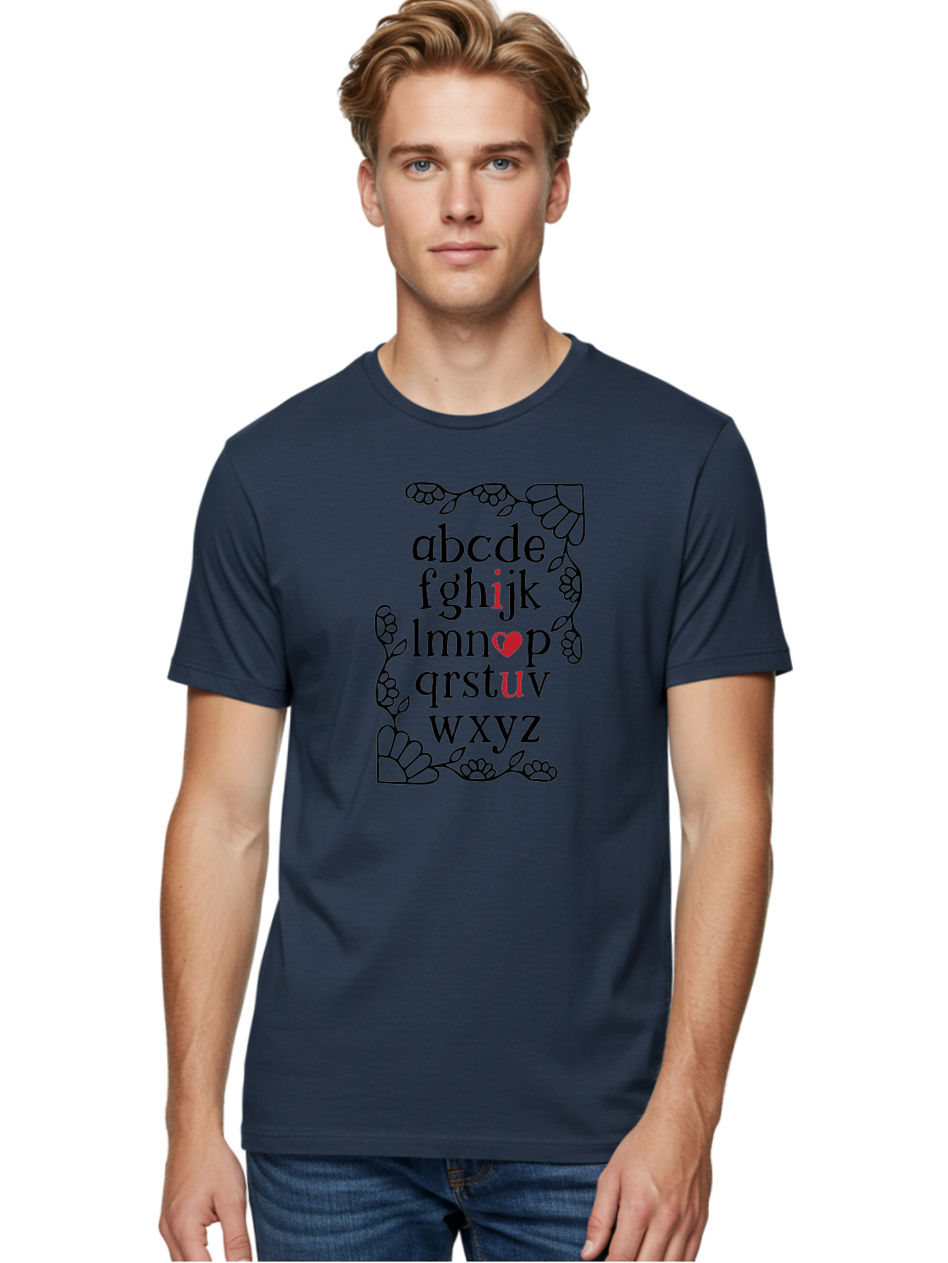 Alphabet-Abcdefghijklmnopqrstuvwxyz Men'S Graphic Tee, 100% Cotton, Comfortable Casual Summer Wear, Machine Washable, Typography Illustration, Alphabet Letters, Floral Vines, Paw Prints, Heart Symbol, Red Accents, Black Font, Creative Design, Aac465 26