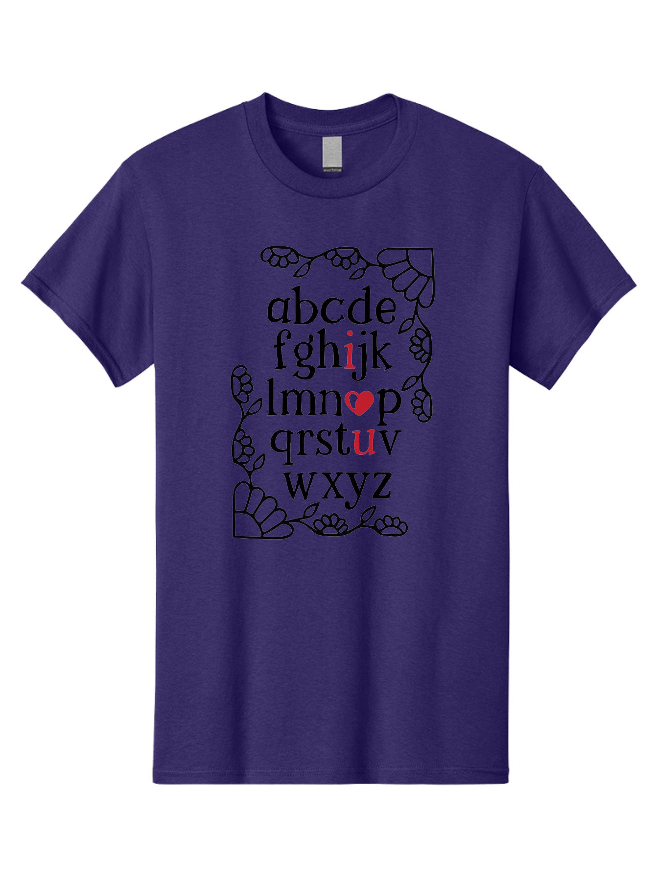Alphabet-Abcdefghijklmnopqrstuvwxyz Men'S Graphic Tee, 100% Cotton, Comfortable Casual Summer Wear, Machine Washable, Typography Illustration, Alphabet Letters, Floral Vines, Paw Prints, Heart Symbol, Red Accents, Black Font, Creative Design, Aac465 13