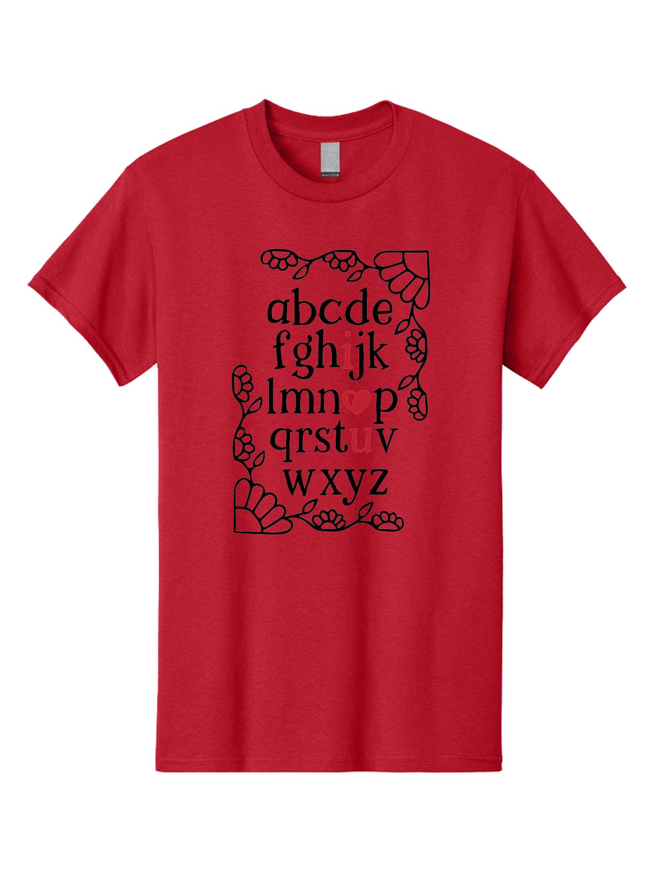Alphabet-Abcdefghijklmnopqrstuvwxyz Men'S Graphic Tee, 100% Cotton, Comfortable Casual Summer Wear, Machine Washable, Typography Illustration, Alphabet Letters, Floral Vines, Paw Prints, Heart Symbol, Red Accents, Black Font, Creative Design, Aac465 19