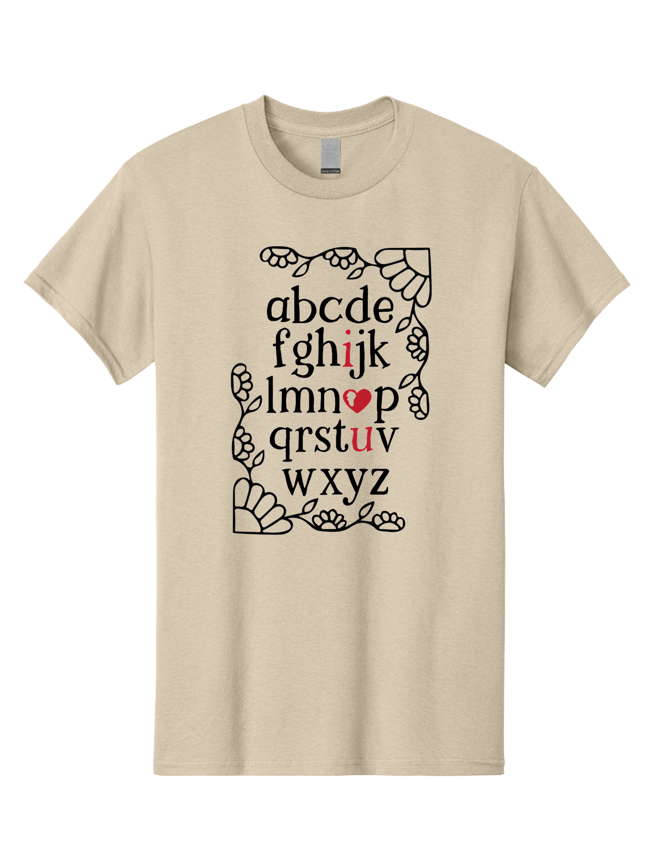 Alphabet-Abcdefghijklmnopqrstuvwxyz Men'S Graphic Tee, 100% Cotton, Comfortable Casual Summer Wear, Machine Washable, Typography Illustration, Alphabet Letters, Floral Vines, Paw Prints, Heart Symbol, Red Accents, Black Font, Creative Design, Aac465 23