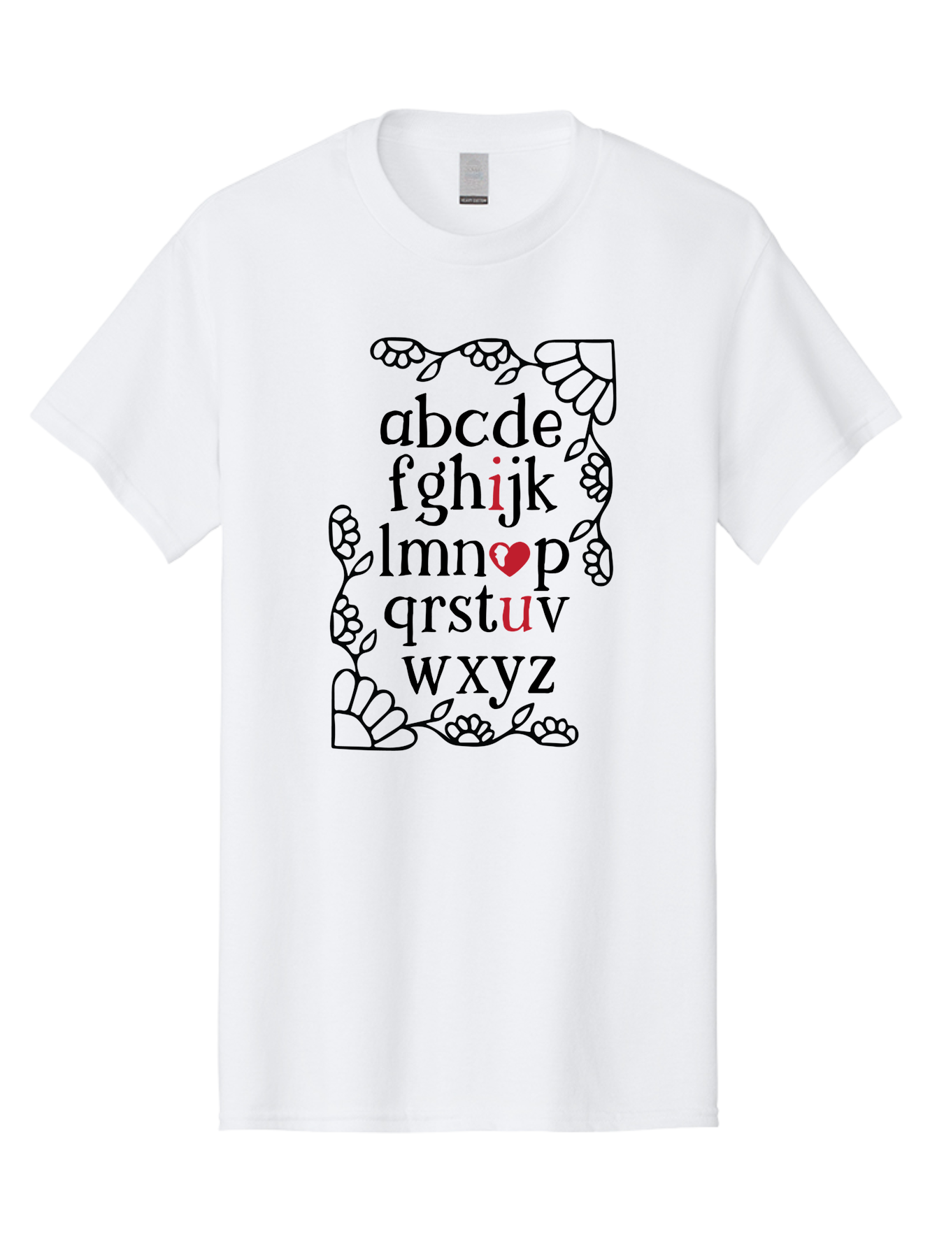 Alphabet-Abcdefghijklmnopqrstuvwxyz Men'S Graphic Tee, 100% Cotton, Comfortable Casual Summer Wear, Machine Washable, Typography Illustration, Alphabet Letters, Floral Vines, Paw Prints, Heart Symbol, Red Accents, Black Font, Creative Design, Aac465 21