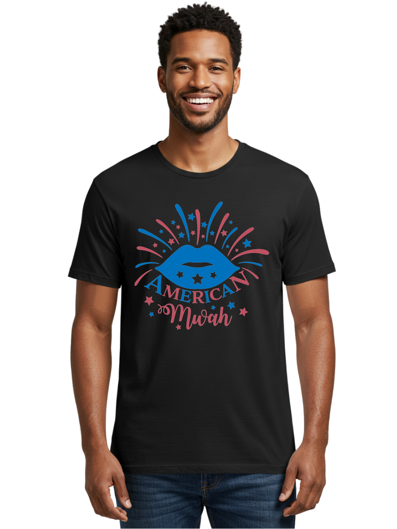 American-Mwah Men'S Graphic Tee, 100% Cotton, Comfortable Casual Summer Wear, Machine Washable, Blue Lips, Starry Design, Vibrant Colors, Playful Graphics, American Mwah, Kiss Mark, Festive Atmosphere, Celebratory Theme, Pop Art Style, Aac470 30