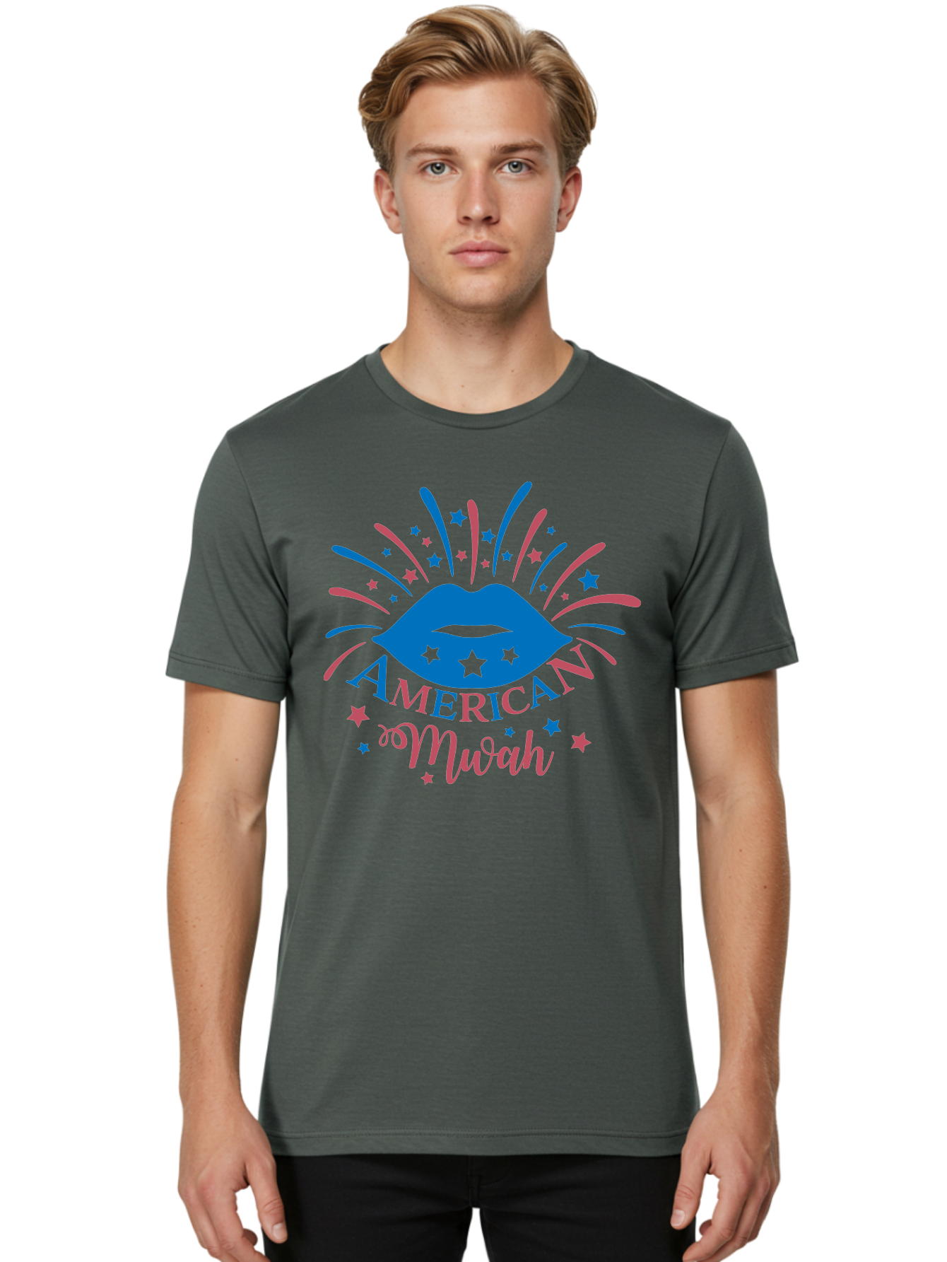 American-Mwah Men'S Graphic Tee, 100% Cotton, Comfortable Casual Summer Wear, Machine Washable, Blue Lips, Starry Design, Vibrant Colors, Playful Graphics, American Mwah, Kiss Mark, Festive Atmosphere, Celebratory Theme, Pop Art Style, Aac470 20