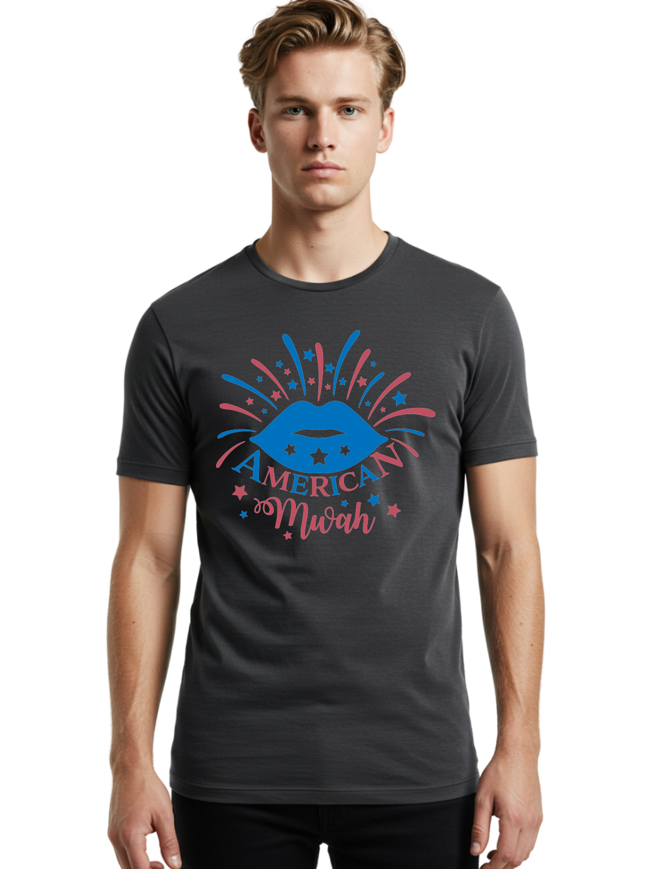 American-Mwah Men'S Graphic Tee, 100% Cotton, Comfortable Casual Summer Wear, Machine Washable, Blue Lips, Starry Design, Vibrant Colors, Playful Graphics, American Mwah, Kiss Mark, Festive Atmosphere, Celebratory Theme, Pop Art Style, Aac470 12