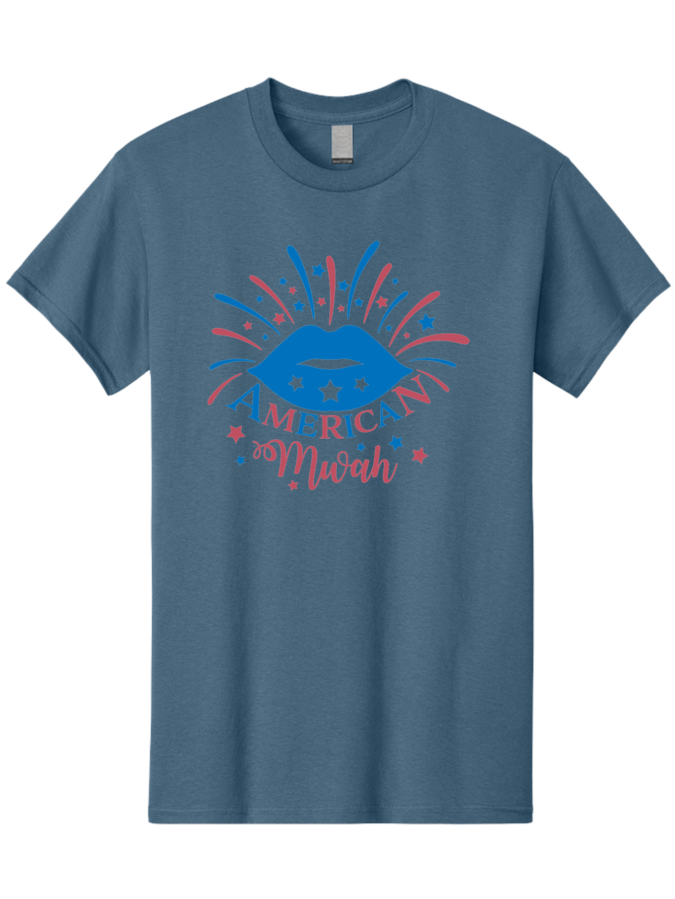 American-Mwah Men'S Graphic Tee, 100% Cotton, Comfortable Casual Summer Wear, Machine Washable, Blue Lips, Starry Design, Vibrant Colors, Playful Graphics, American Mwah, Kiss Mark, Festive Atmosphere, Celebratory Theme, Pop Art Style, Aac470 27