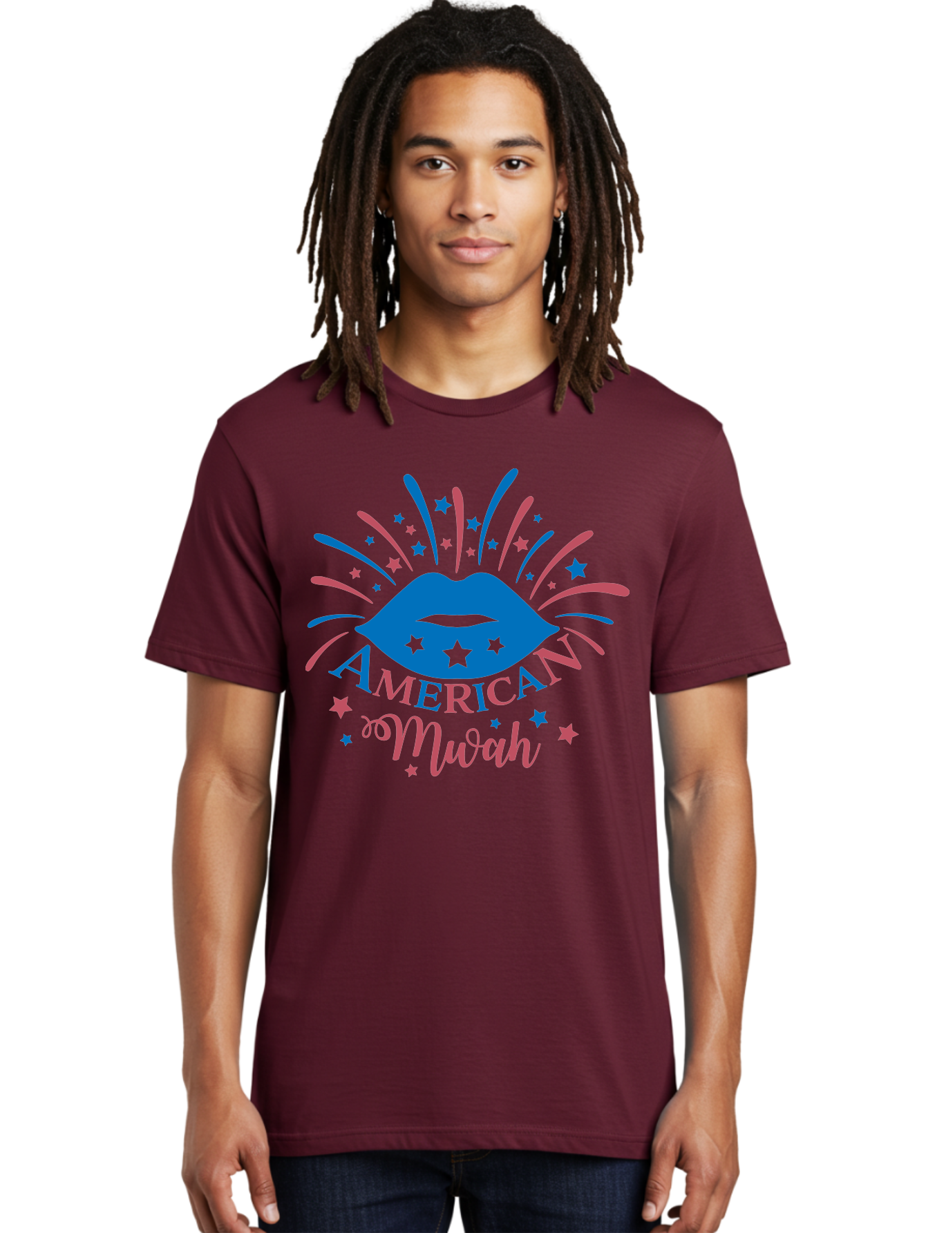 American-Mwah Men'S Graphic Tee, 100% Cotton, Comfortable Casual Summer Wear, Machine Washable, Blue Lips, Starry Design, Vibrant Colors, Playful Graphics, American Mwah, Kiss Mark, Festive Atmosphere, Celebratory Theme, Pop Art Style, Aac470 2