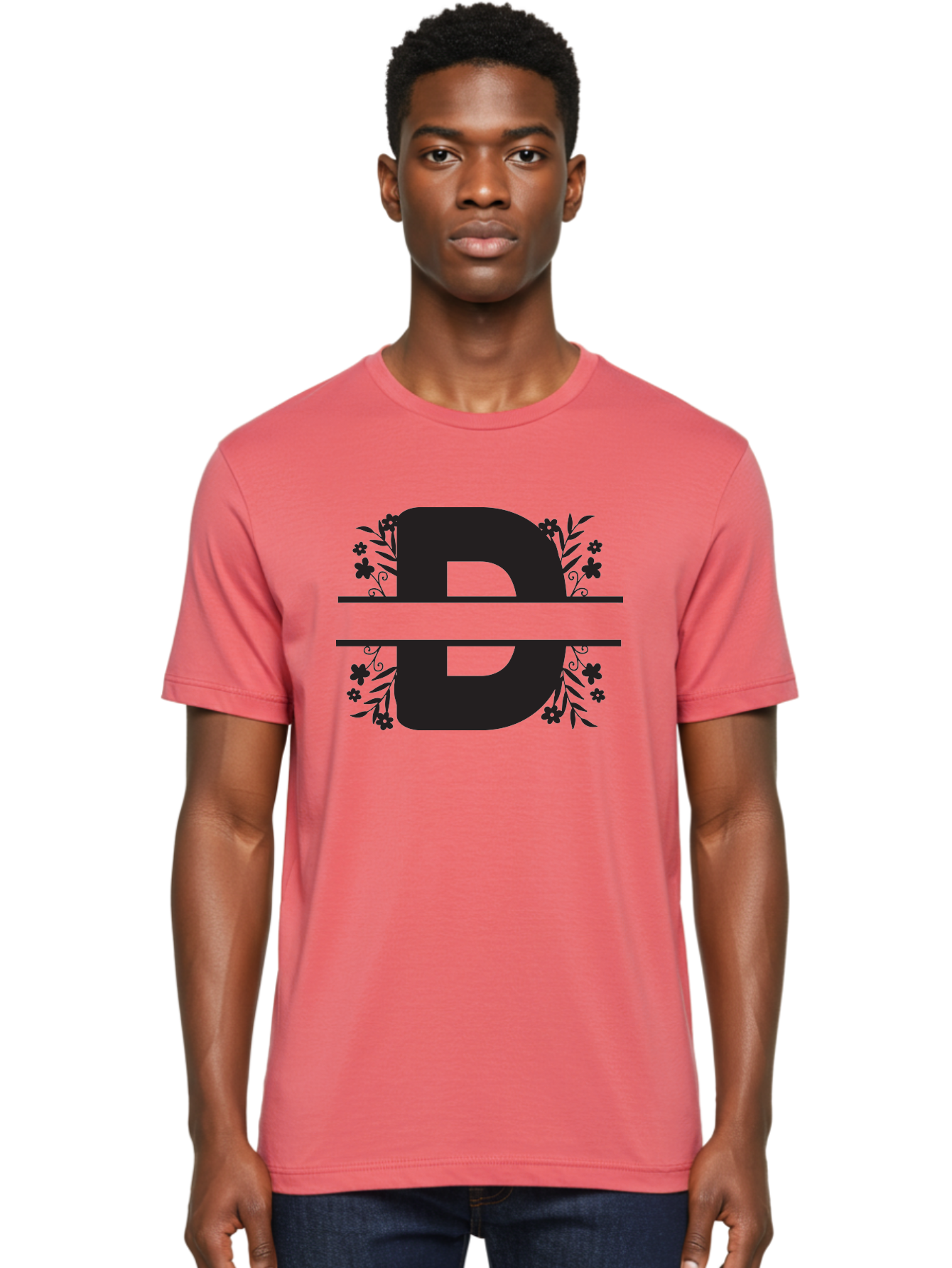 B-B-Floral-Design Men'S Graphic Tee, 100% Cotton, Comfortable Casual Summer Wear, Machine Washable, Letter B, Floral Design, Decorative Elements, Floral Patterns, Ornate Details, Black And Green, Bold Typography, Flower Motifs, Aac482 10