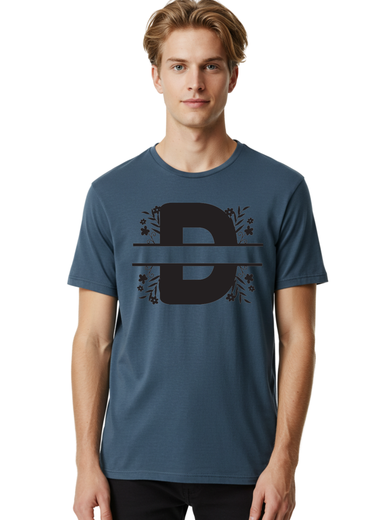 B-B-Floral-Design Men'S Graphic Tee, 100% Cotton, Comfortable Casual Summer Wear, Machine Washable, Letter B, Floral Design, Decorative Elements, Floral Patterns, Ornate Details, Black And Green, Bold Typography, Flower Motifs, Aac482 24