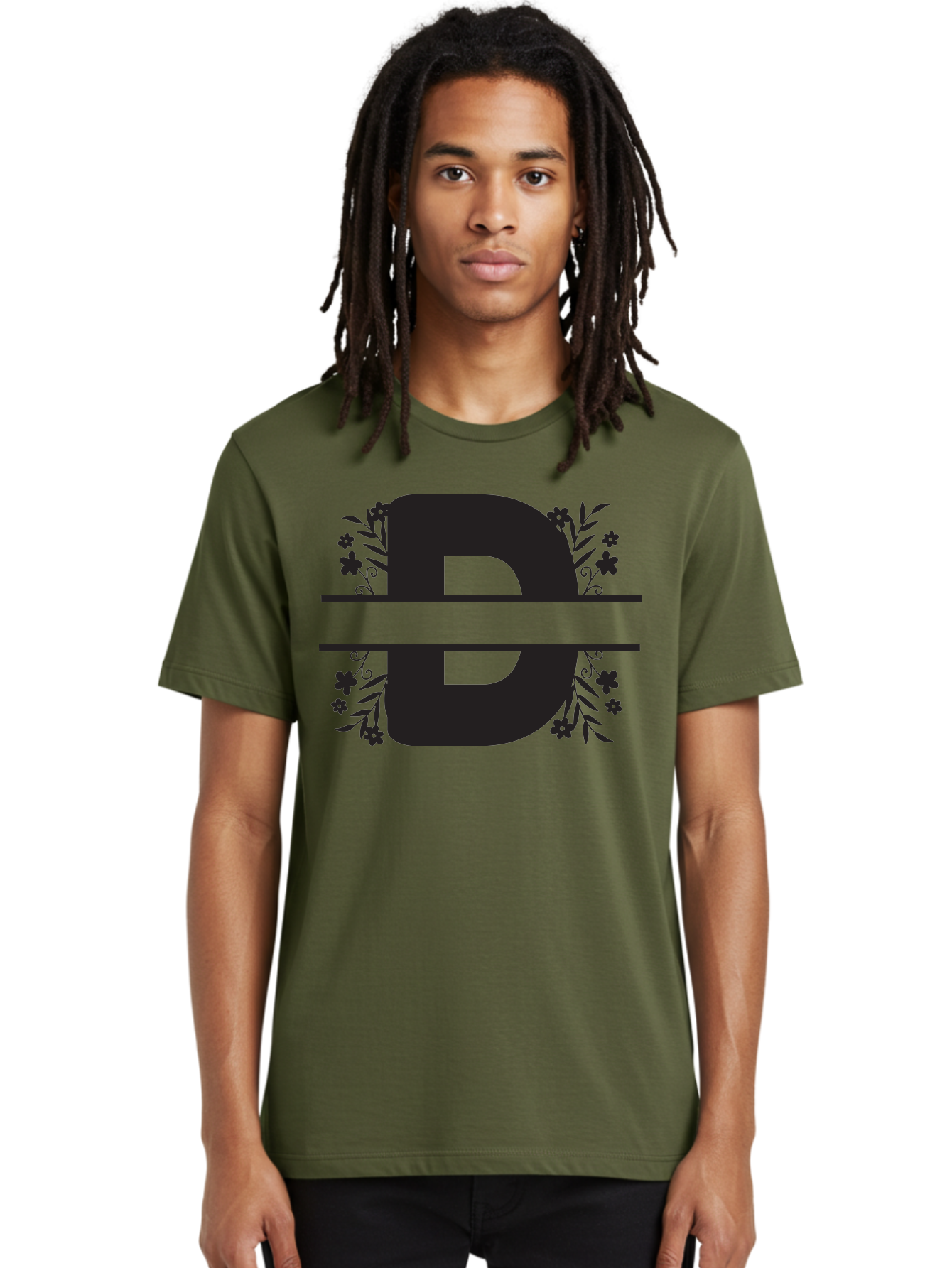 B-B-Floral-Design Men'S Graphic Tee, 100% Cotton, Comfortable Casual Summer Wear, Machine Washable, Letter B, Floral Design, Decorative Elements, Floral Patterns, Ornate Details, Black And Green, Bold Typography, Flower Motifs, Aac482 4