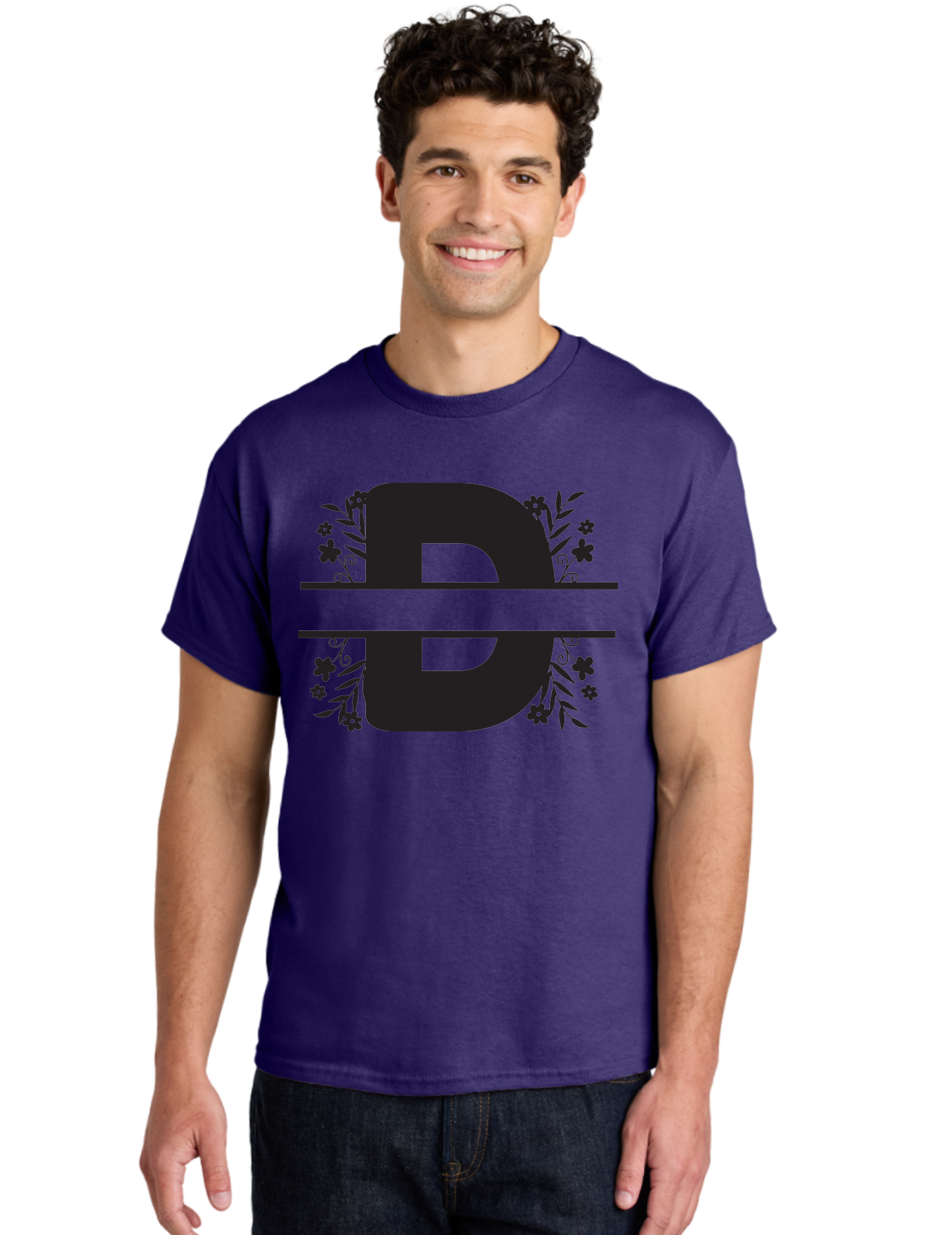B-B-Floral-Design Men'S Graphic Tee, 100% Cotton, Comfortable Casual Summer Wear, Machine Washable, Letter B, Floral Design, Decorative Elements, Floral Patterns, Ornate Details, Black And Green, Bold Typography, Flower Motifs, Aac482 26