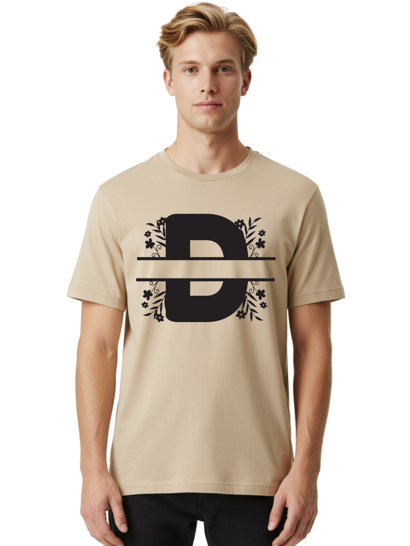 B-B-Floral-Design Men'S Graphic Tee, 100% Cotton, Comfortable Casual Summer Wear, Machine Washable, Letter B, Floral Design, Decorative Elements, Floral Patterns, Ornate Details, Black And Green, Bold Typography, Flower Motifs, Aac482 8