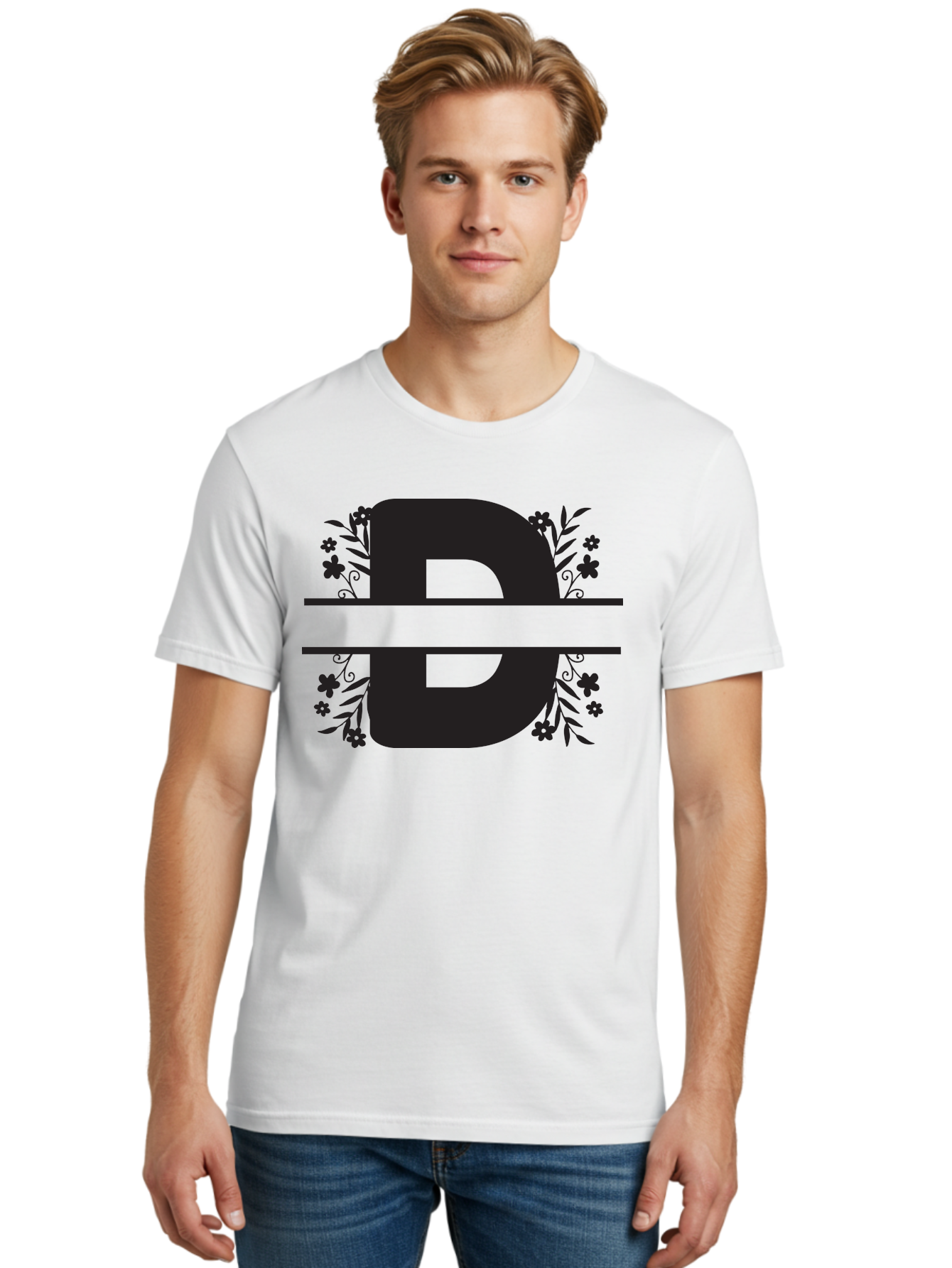 B-B-Floral-Design Men'S Graphic Tee, 100% Cotton, Comfortable Casual Summer Wear, Machine Washable, Letter B, Floral Design, Decorative Elements, Floral Patterns, Ornate Details, Black And Green, Bold Typography, Flower Motifs, Aac482 18