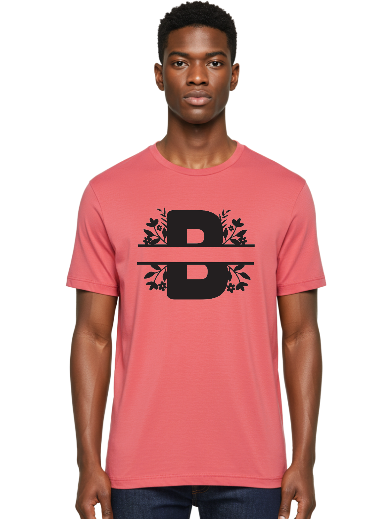 B-Floral Men'S Graphic Tee, 100% Cotton, Comfortable Casual Summer Wear, Machine Washable, Floral Design, Alphabet B, Black Letters, Flower Pattern, Leaves, Floral Arrangement, Typography Aac483 14