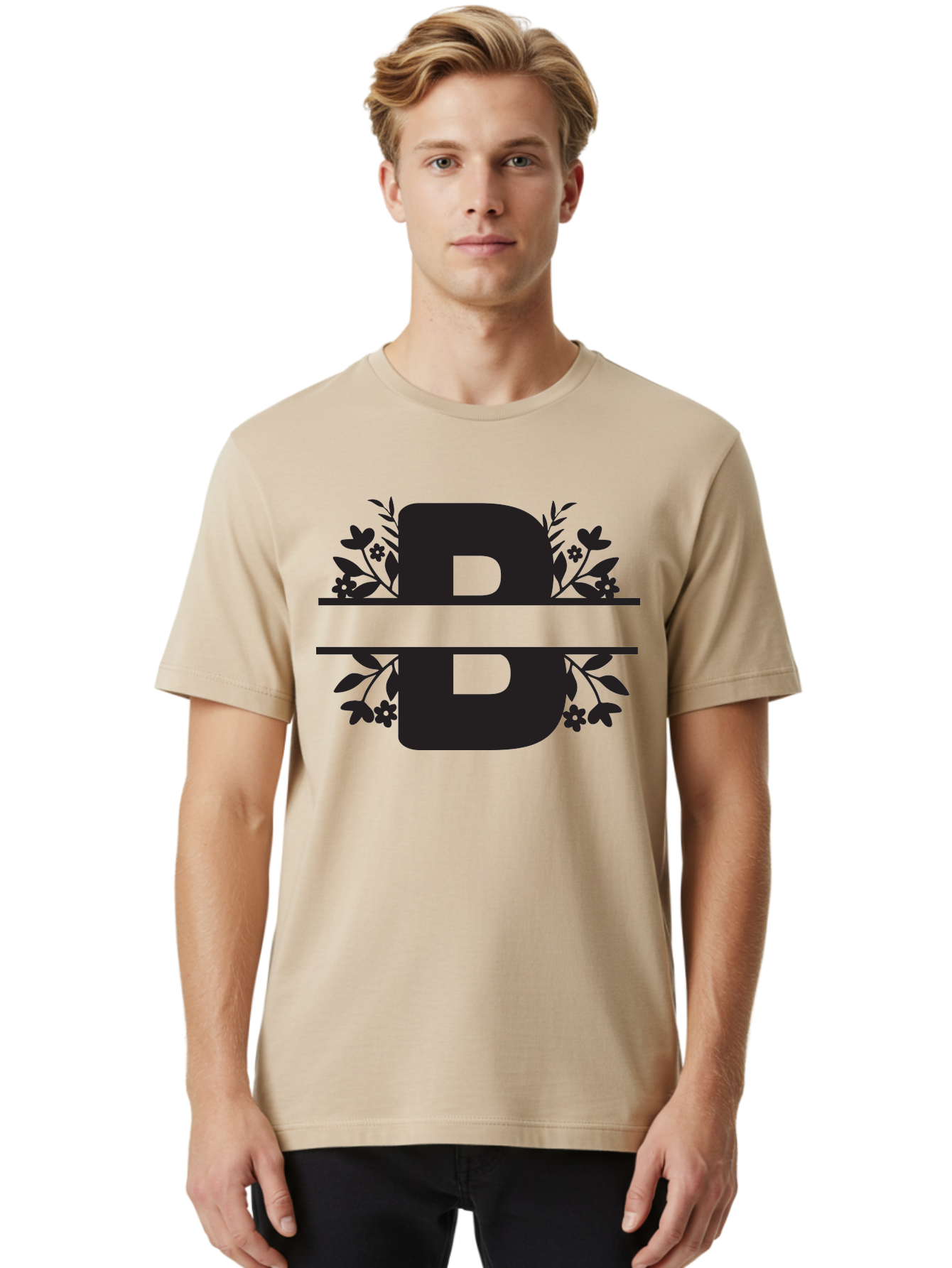 B-Floral Men'S Graphic Tee, 100% Cotton, Comfortable Casual Summer Wear, Machine Washable, Floral Design, Alphabet B, Black Letters, Flower Pattern, Leaves, Floral Arrangement, Typography Aac483 18