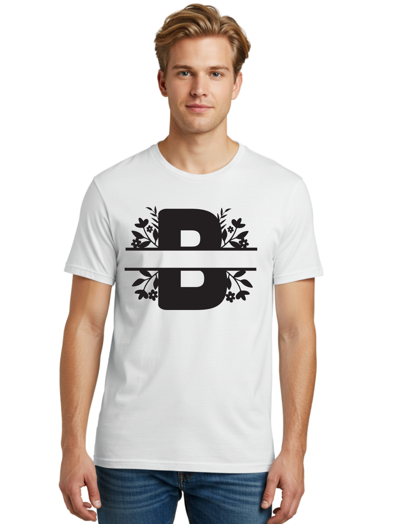 B-Floral Men'S Graphic Tee, 100% Cotton, Comfortable Casual Summer Wear, Machine Washable, Floral Design, Alphabet B, Black Letters, Flower Pattern, Leaves, Floral Arrangement, Typography Aac483 2