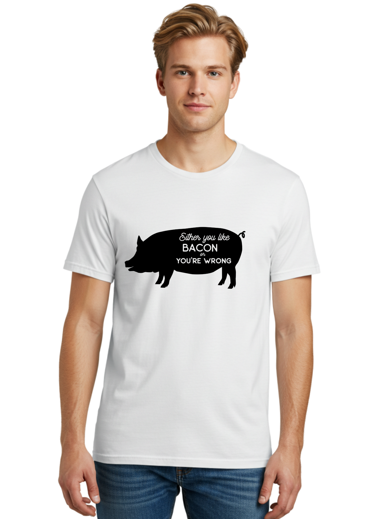 Bacon-Or-You-Re-Wrong Men'S Graphic Tee, 100% Cotton, Comfortable Casual Summer Wear, Machine Washable, Funny Quote, Bacon Lover, Pig Silhouette, Humorous Saying, Foodie Humor, Quote About Bacon, Bacon Enthusiast, Quirky Design, Aac485 4