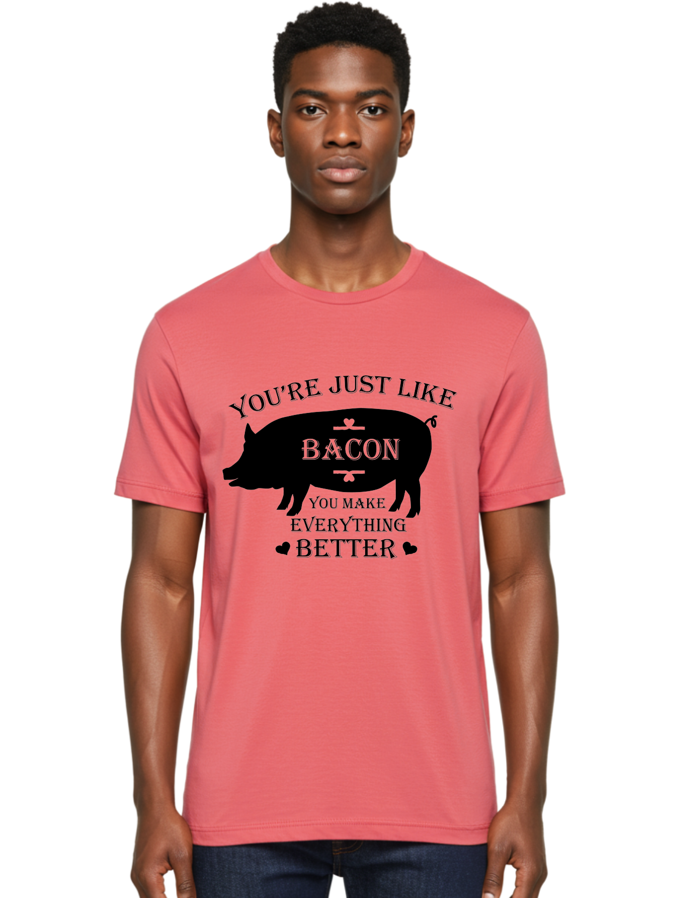 Bacon-Pig-Silhouette Men'S Graphic Tee, 100% Cotton, Comfortable Casual Summer Wear, Machine Washable, Funny Pig Design, Bacon Lover, Bacon Humor, Cute Pig Silhouette, You Make Everything Better, Bacon Quotes, Pig Phrases, Foodie Graphics Aac486 16