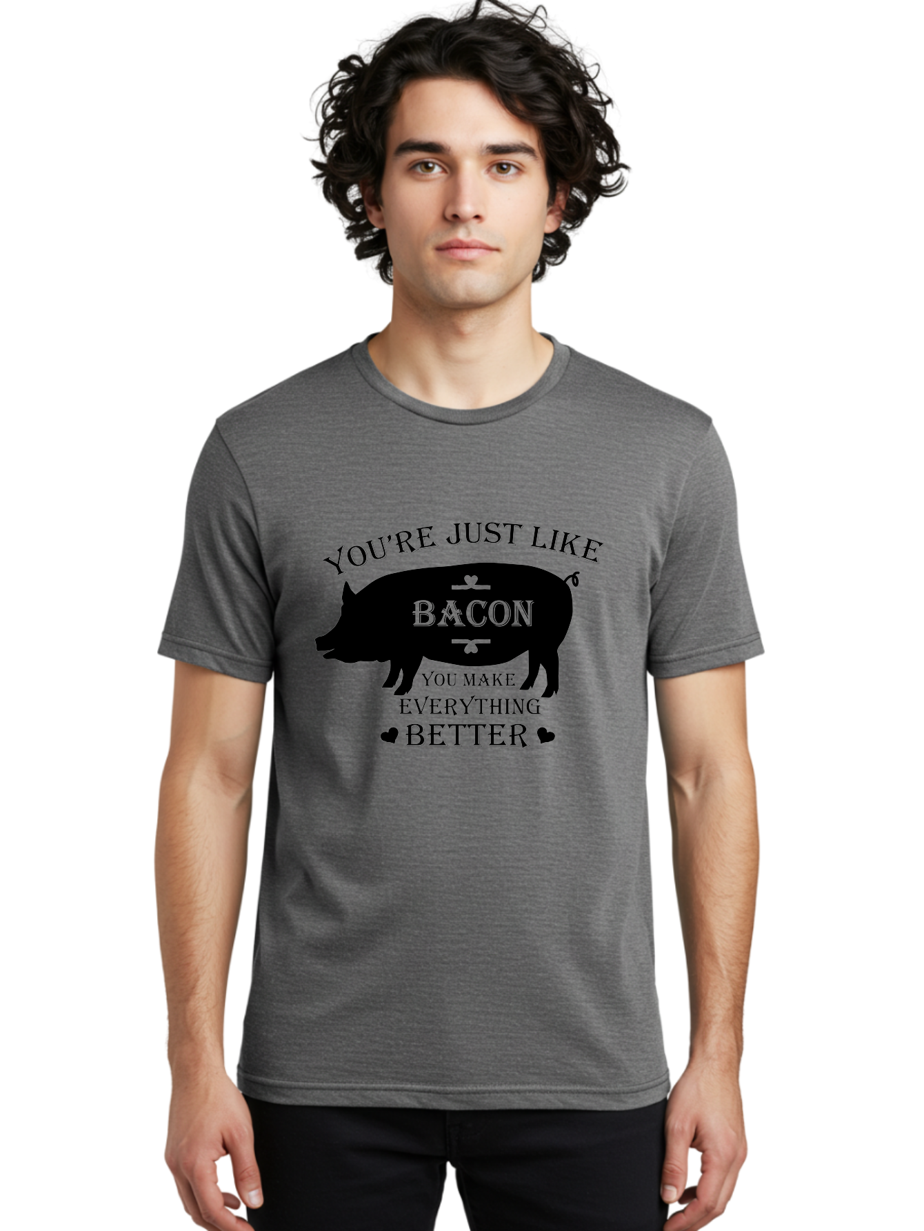 Bacon-Pig-Silhouette Men'S Graphic Tee, 100% Cotton, Comfortable Casual Summer Wear, Machine Washable, Funny Pig Design, Bacon Lover, Bacon Humor, Cute Pig Silhouette, You Make Everything Better, Bacon Quotes, Pig Phrases, Foodie Graphics Aac486 10