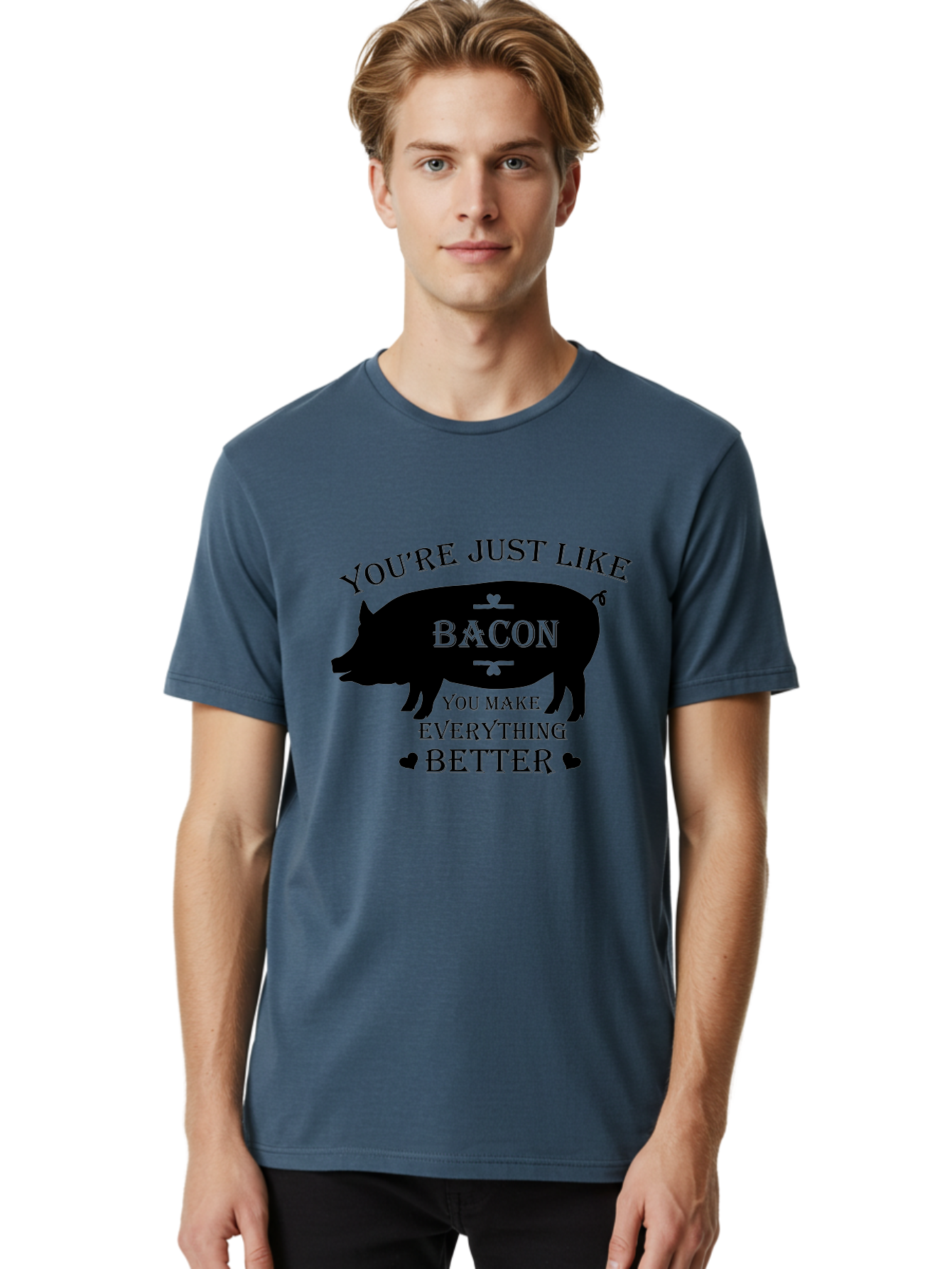 Bacon-Pig-Silhouette Men'S Graphic Tee, 100% Cotton, Comfortable Casual Summer Wear, Machine Washable, Funny Pig Design, Bacon Lover, Bacon Humor, Cute Pig Silhouette, You Make Everything Better, Bacon Quotes, Pig Phrases, Foodie Graphics Aac486 28