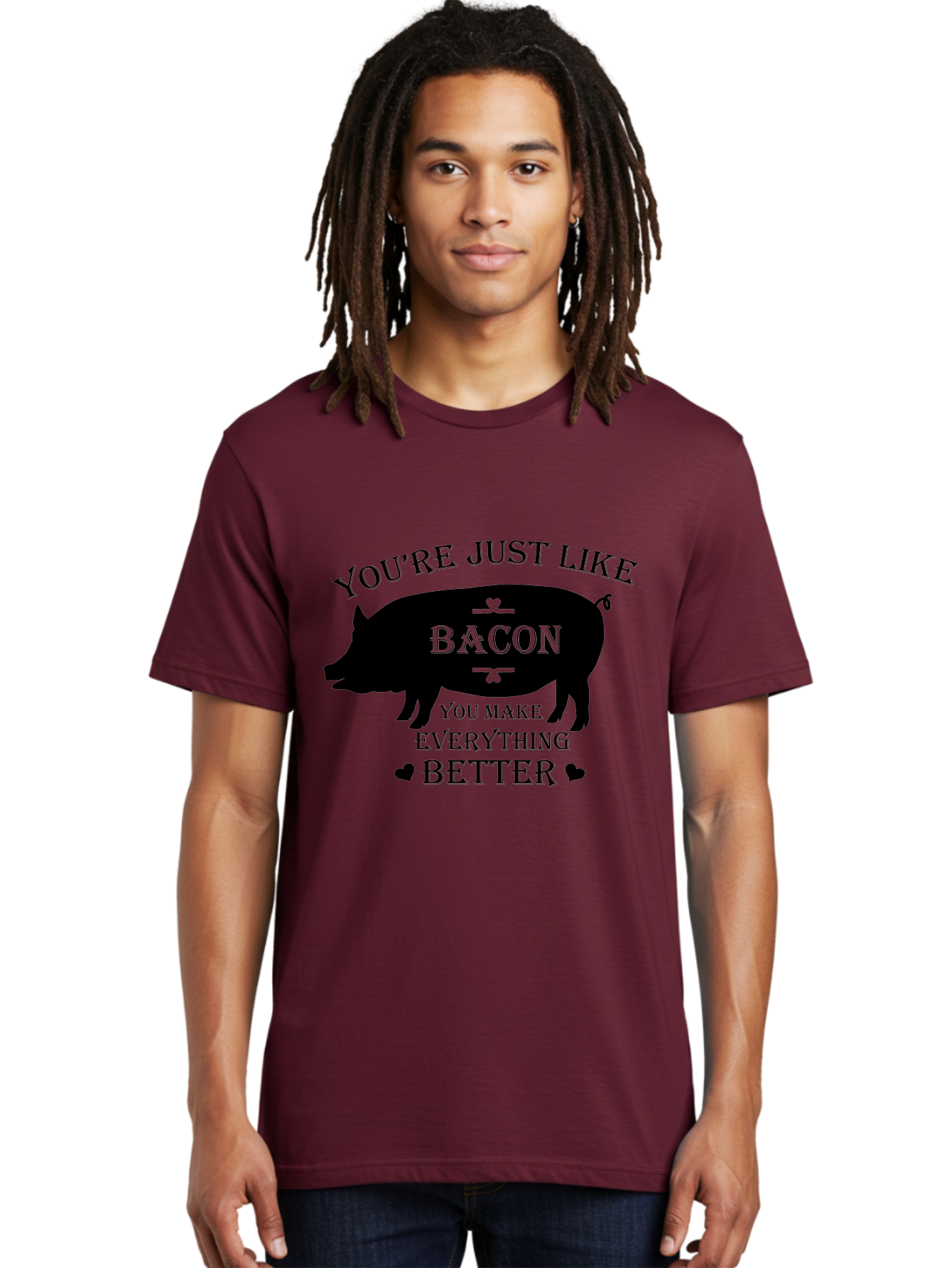 Bacon-Pig-Silhouette Men'S Graphic Tee, 100% Cotton, Comfortable Casual Summer Wear, Machine Washable, Funny Pig Design, Bacon Lover, Bacon Humor, Cute Pig Silhouette, You Make Everything Better, Bacon Quotes, Pig Phrases, Foodie Graphics Aac486 30