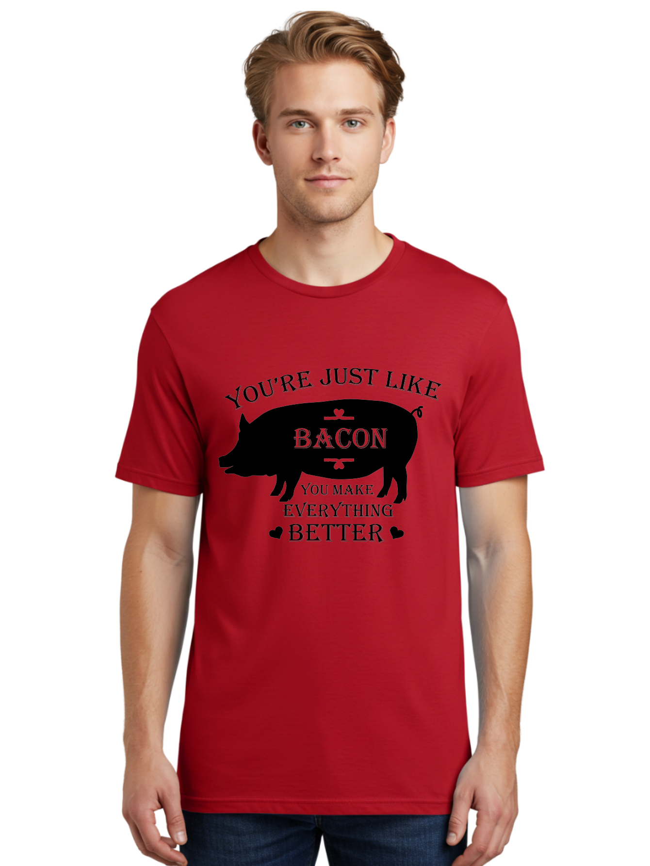 Bacon-Pig-Silhouette Men'S Graphic Tee, 100% Cotton, Comfortable Casual Summer Wear, Machine Washable, Funny Pig Design, Bacon Lover, Bacon Humor, Cute Pig Silhouette, You Make Everything Better, Bacon Quotes, Pig Phrases, Foodie Graphics Aac486 14