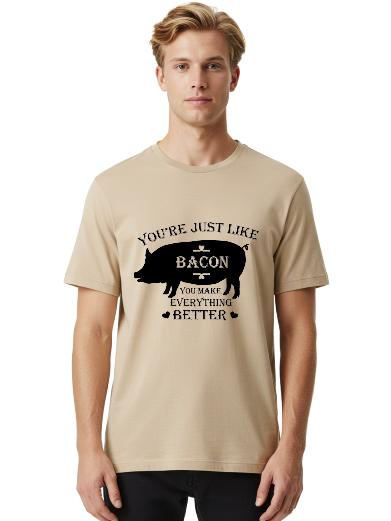 Bacon-Pig-Silhouette Men'S Graphic Tee, 100% Cotton, Comfortable Casual Summer Wear, Machine Washable, Funny Pig Design, Bacon Lover, Bacon Humor, Cute Pig Silhouette, You Make Everything Better, Bacon Quotes, Pig Phrases, Foodie Graphics Aac486 6