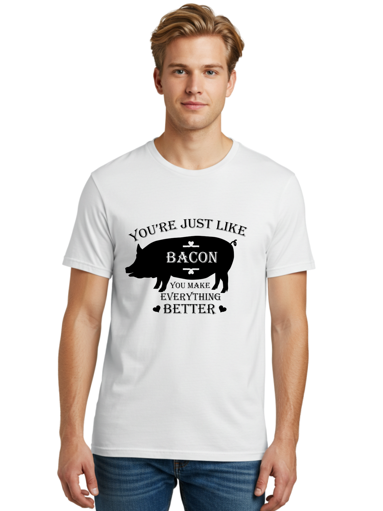Bacon-Pig-Silhouette Men'S Graphic Tee, 100% Cotton, Comfortable Casual Summer Wear, Machine Washable, Funny Pig Design, Bacon Lover, Bacon Humor, Cute Pig Silhouette, You Make Everything Better, Bacon Quotes, Pig Phrases, Foodie Graphics Aac486 22