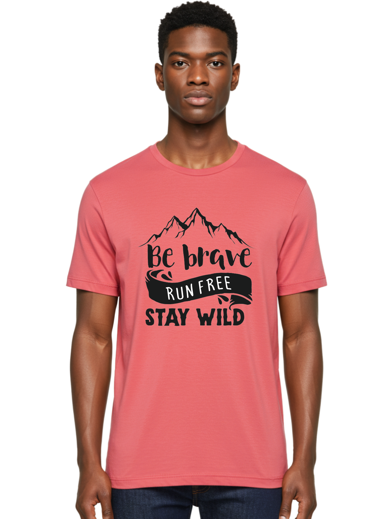 Be-Brave-Run-Free-Stay-Wild Men'S Graphic Tee, 100% Cotton, Comfortable Casual Summer Wear, Machine Washable, Inspirational Quote, Motivational Words, Bold Typography, Mountain Landscape, Running Free, Staying Wild, Brave Spirit, Freedom, Aac494 22