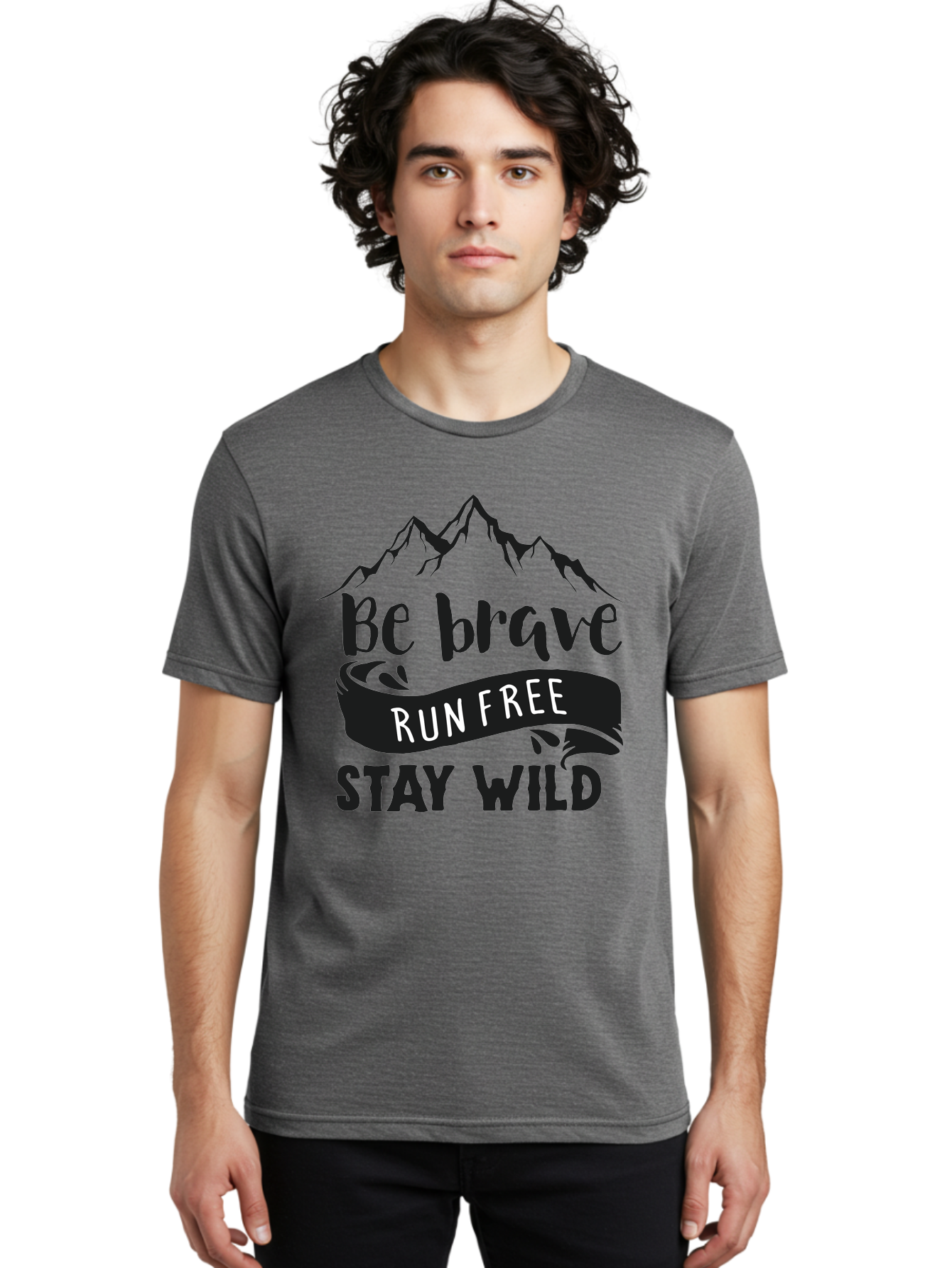 Be-Brave-Run-Free-Stay-Wild Men'S Graphic Tee, 100% Cotton, Comfortable Casual Summer Wear, Machine Washable, Inspirational Quote, Motivational Words, Bold Typography, Mountain Landscape, Running Free, Staying Wild, Brave Spirit, Freedom, Aac494 28
