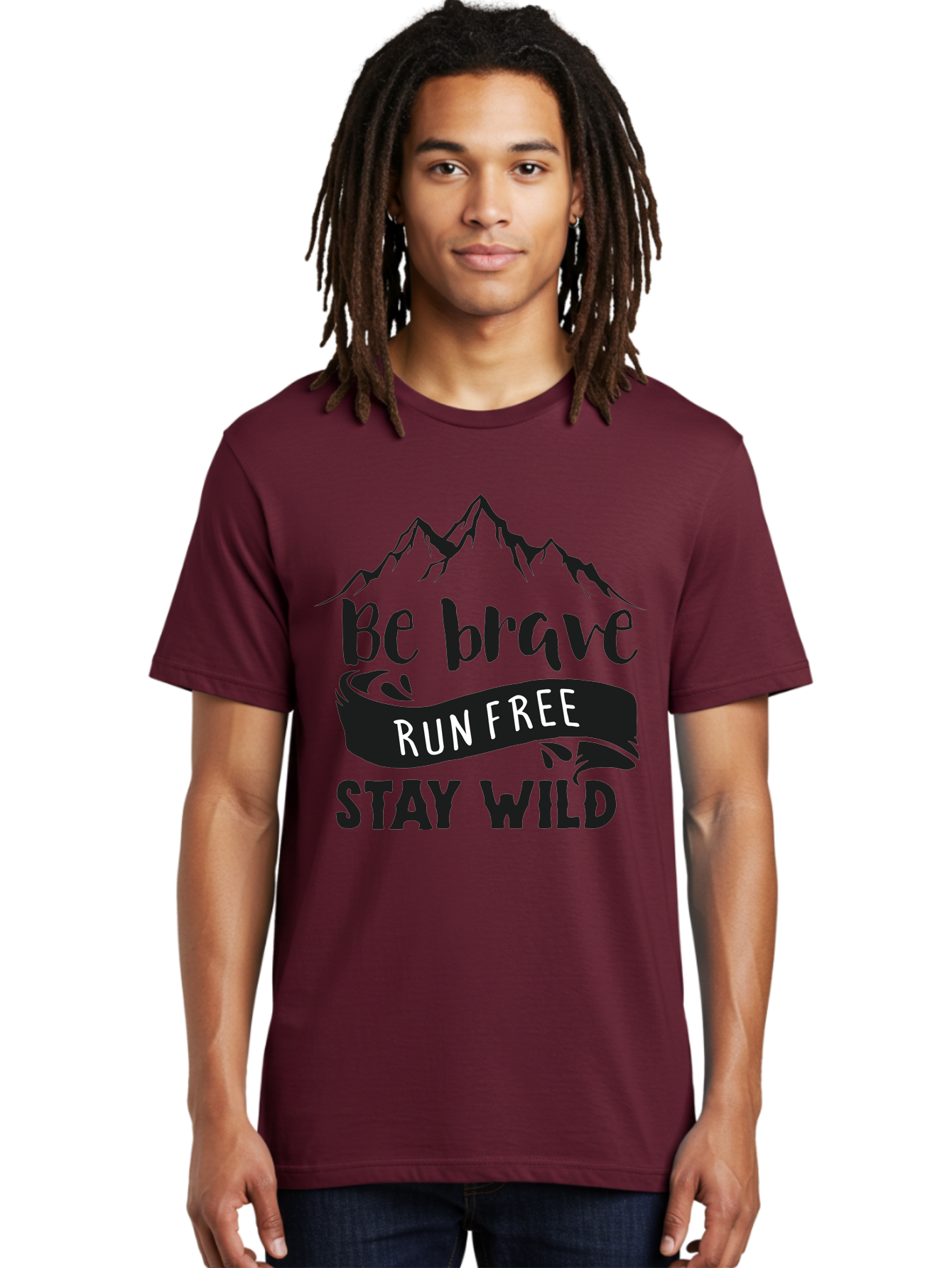 Be-Brave-Run-Free-Stay-Wild Men'S Graphic Tee, 100% Cotton, Comfortable Casual Summer Wear, Machine Washable, Inspirational Quote, Motivational Words, Bold Typography, Mountain Landscape, Running Free, Staying Wild, Brave Spirit, Freedom, Aac494 4