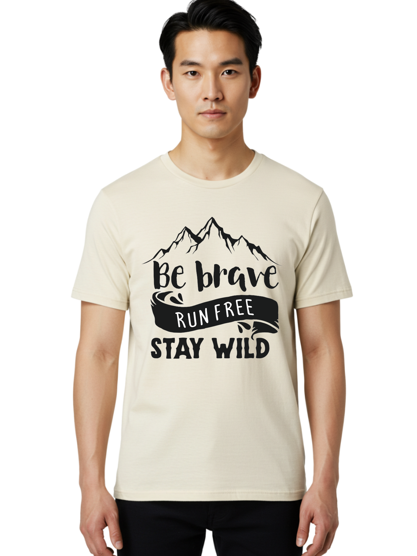Be-Brave-Run-Free-Stay-Wild Men'S Graphic Tee, 100% Cotton, Comfortable Casual Summer Wear, Machine Washable, Inspirational Quote, Motivational Words, Bold Typography, Mountain Landscape, Running Free, Staying Wild, Brave Spirit, Freedom, Aac494 14