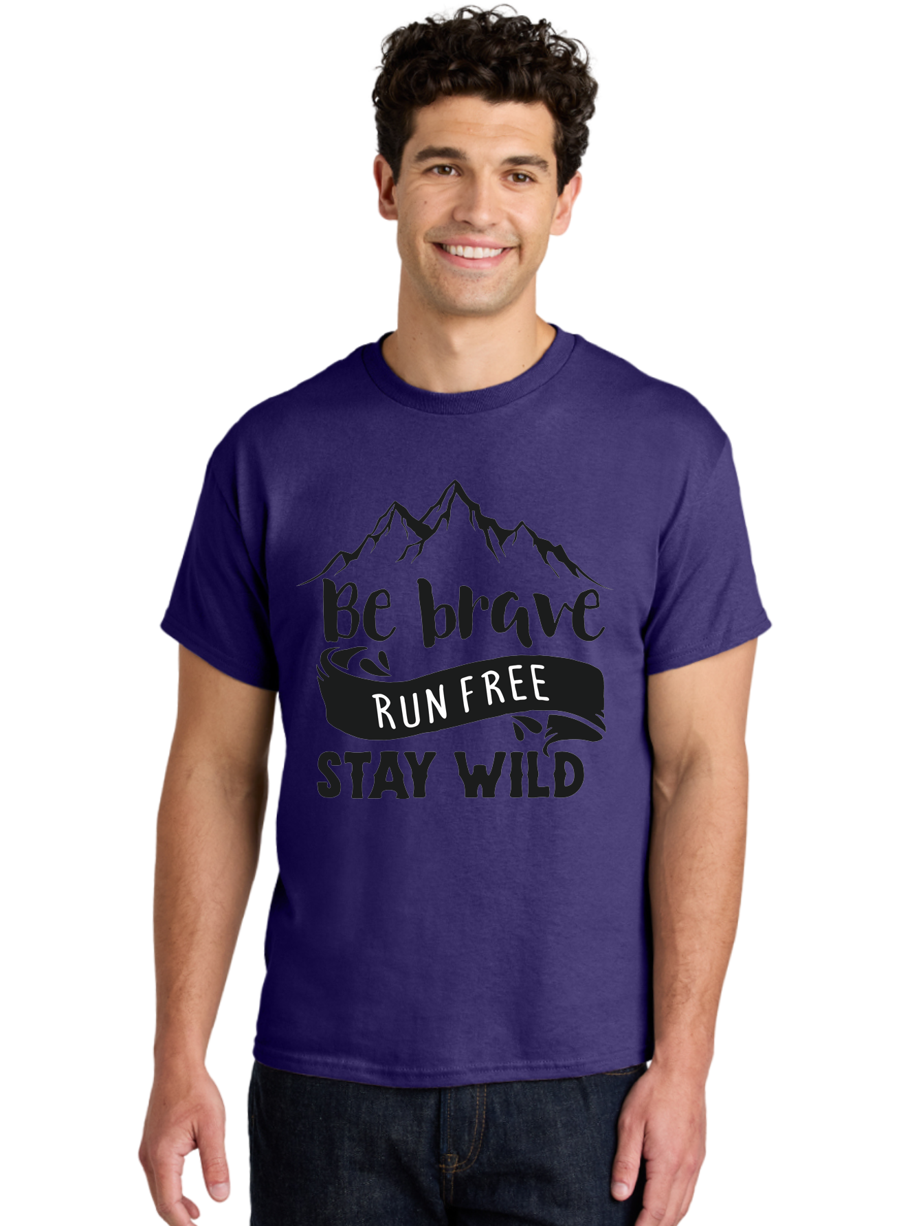 Be-Brave-Run-Free-Stay-Wild Men'S Graphic Tee, 100% Cotton, Comfortable Casual Summer Wear, Machine Washable, Inspirational Quote, Motivational Words, Bold Typography, Mountain Landscape, Running Free, Staying Wild, Brave Spirit, Freedom, Aac494 10