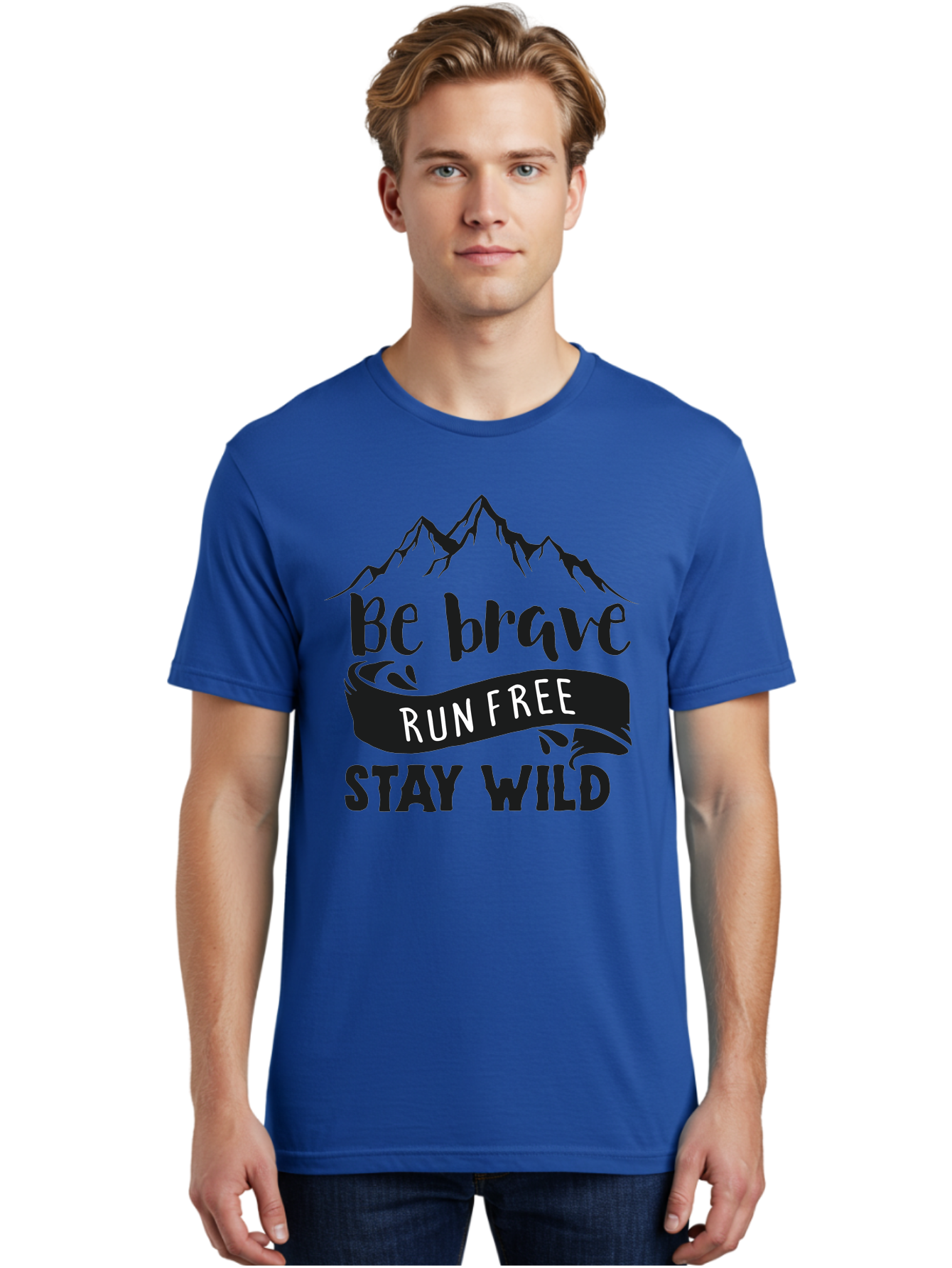 Be-Brave-Run-Free-Stay-Wild Men'S Graphic Tee, 100% Cotton, Comfortable Casual Summer Wear, Machine Washable, Inspirational Quote, Motivational Words, Bold Typography, Mountain Landscape, Running Free, Staying Wild, Brave Spirit, Freedom, Aac494 18