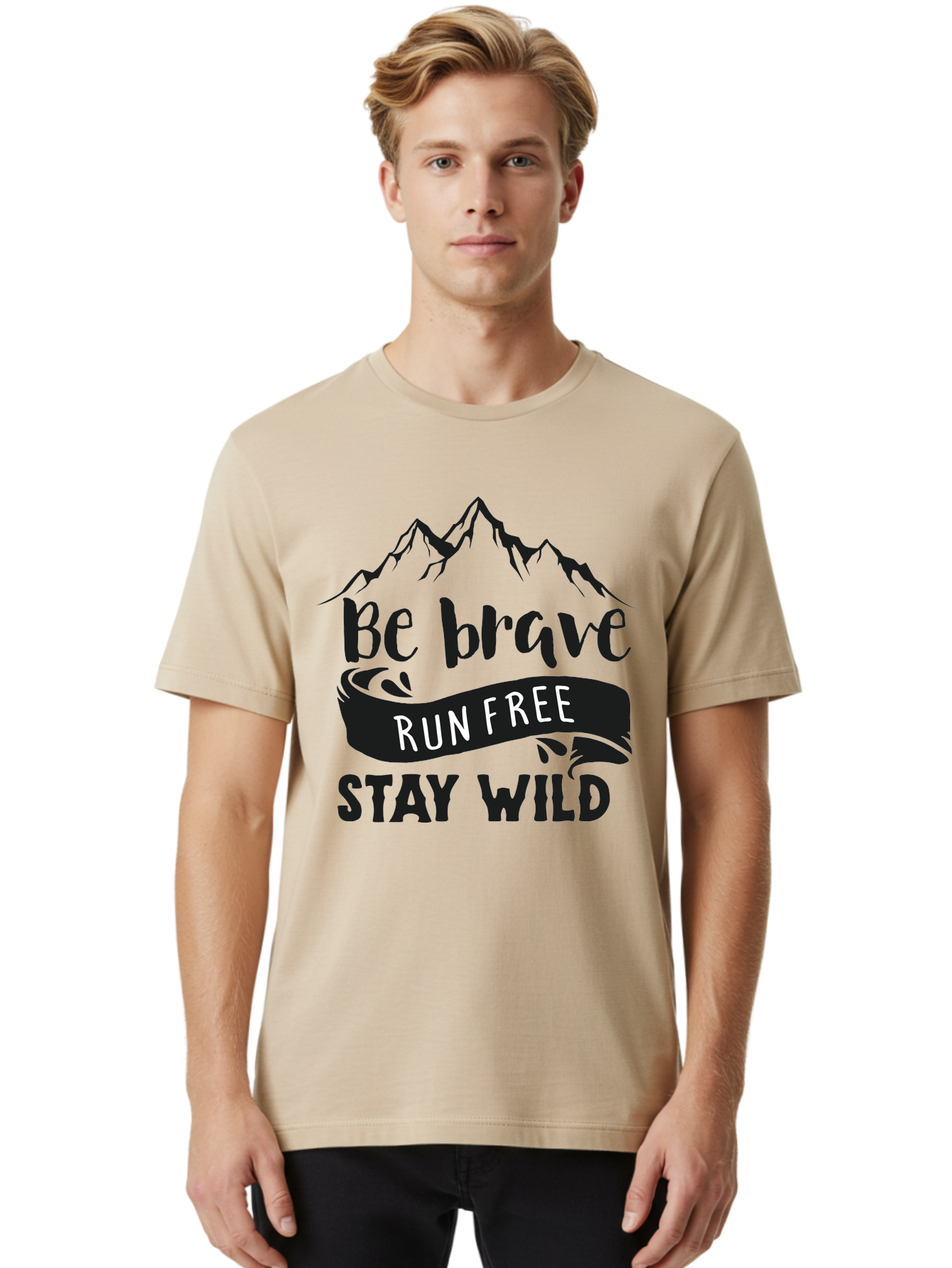 Be-Brave-Run-Free-Stay-Wild Men'S Graphic Tee, 100% Cotton, Comfortable Casual Summer Wear, Machine Washable, Inspirational Quote, Motivational Words, Bold Typography, Mountain Landscape, Running Free, Staying Wild, Brave Spirit, Freedom, Aac494 6