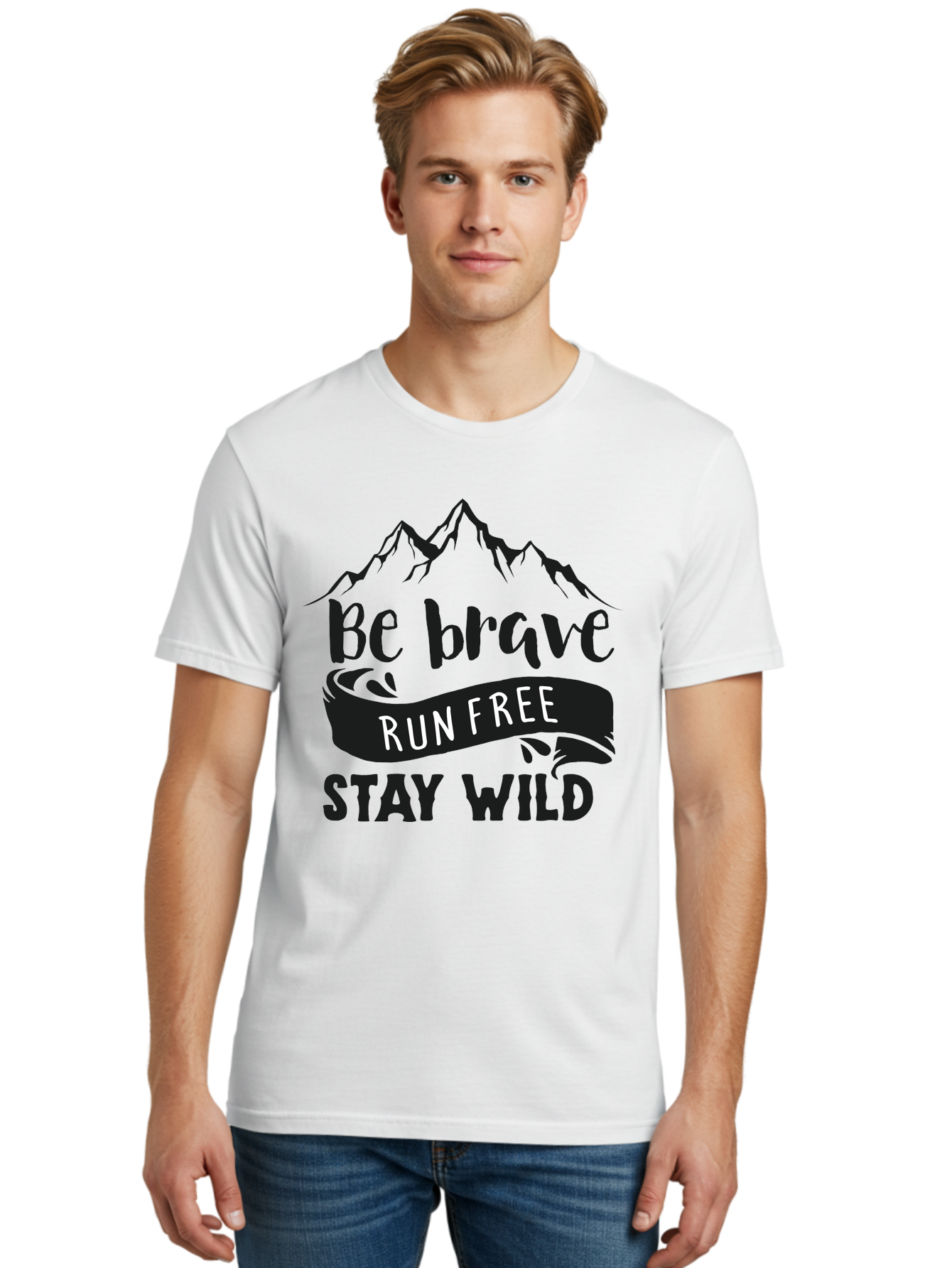 Be-Brave-Run-Free-Stay-Wild Men'S Graphic Tee, 100% Cotton, Comfortable Casual Summer Wear, Machine Washable, Inspirational Quote, Motivational Words, Bold Typography, Mountain Landscape, Running Free, Staying Wild, Brave Spirit, Freedom, Aac494 24