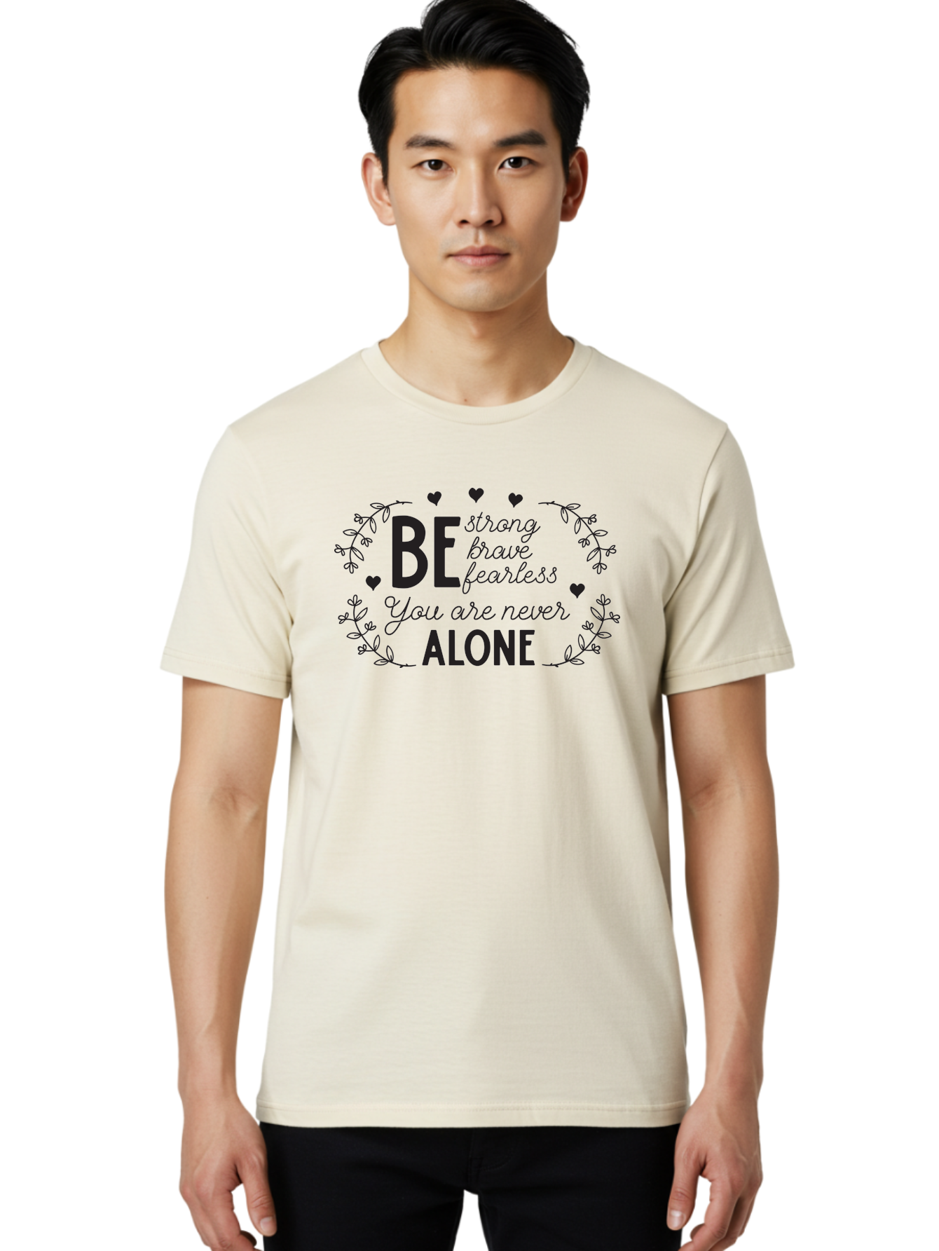 Be-Strong-Brave-Fearless-You-Are-Never-Alone Men'S Graphic Tee, 100% Cotton, Comfortable Casual Summer Wear, Machine Washable, Motivational Quote, Inspirational Message, Empowerment, Mental Health Awareness, Positivity, Uplifting Words, Aac502 4
