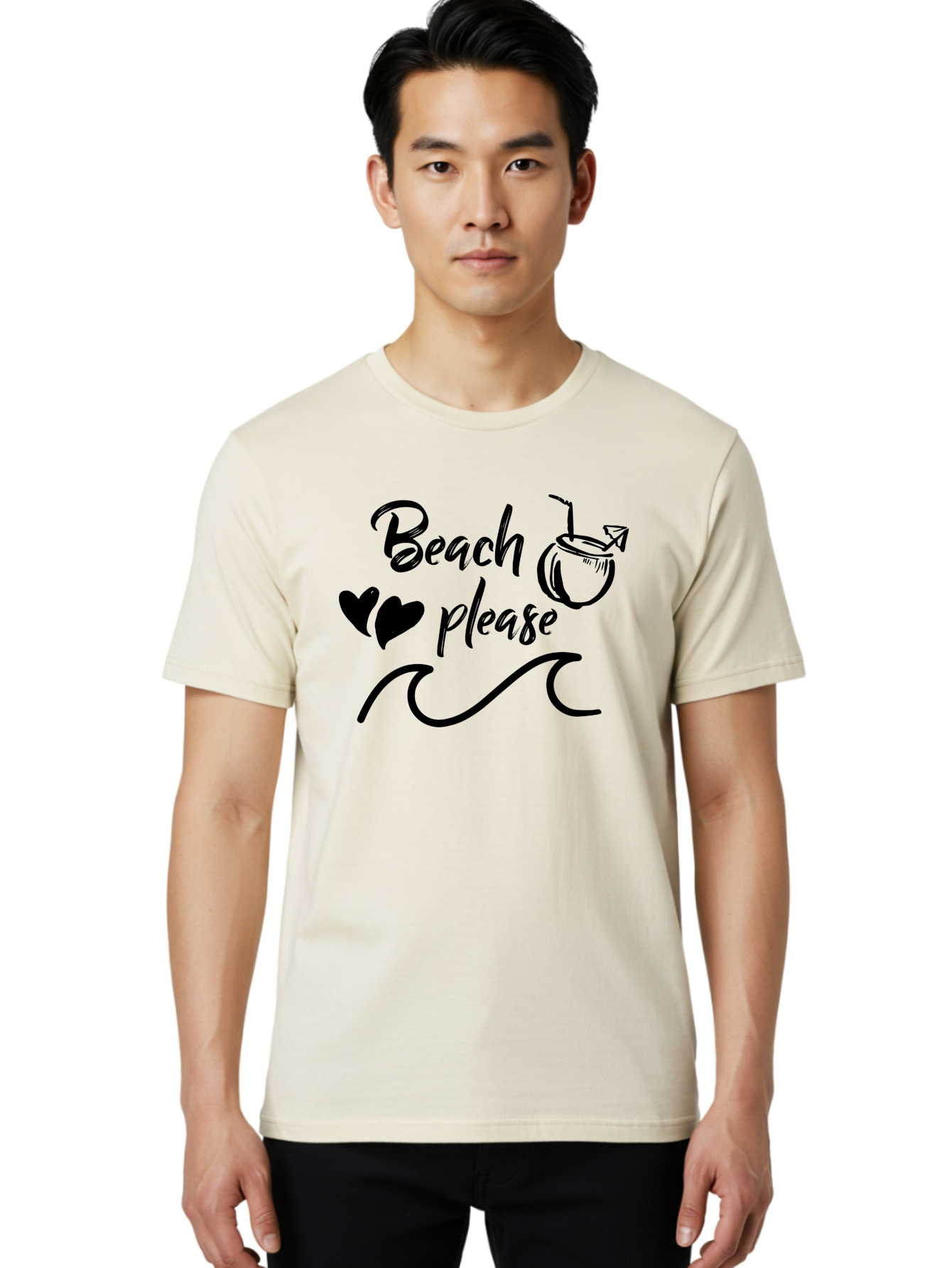 Beach-Please Men'S Graphic Tee, 100% Cotton, Comfortable Casual Summer Wear, Machine Washable, Beach Vibes, Summer Getaway, Tropical Paradise, Coconut Drink, Ocean Waves, Wavy Line Art, Black Hearts, Beachy Feel, Vacation Mode Aac503 10