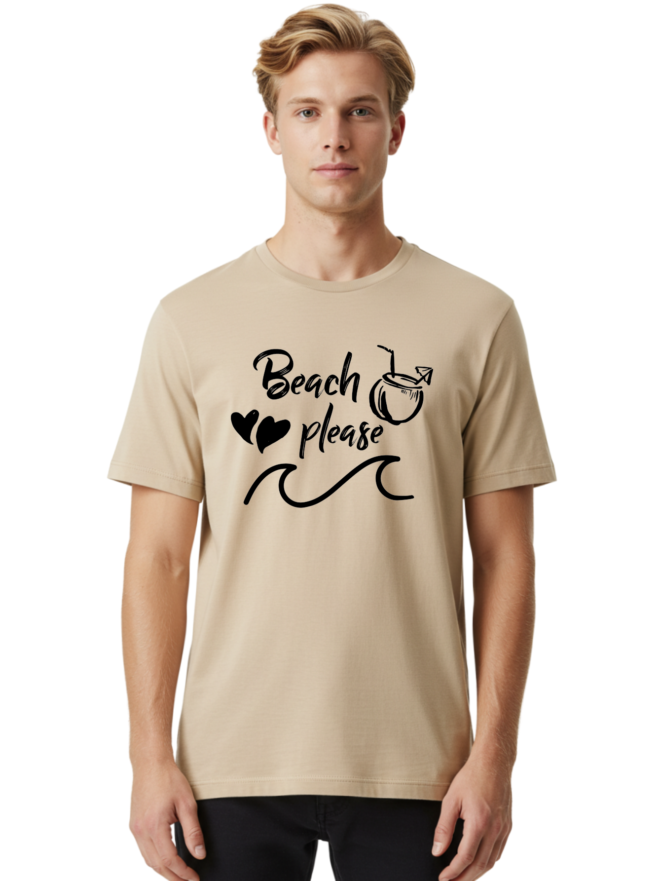 Beach-Please Men'S Graphic Tee, 100% Cotton, Comfortable Casual Summer Wear, Machine Washable, Beach Vibes, Summer Getaway, Tropical Paradise, Coconut Drink, Ocean Waves, Wavy Line Art, Black Hearts, Beachy Feel, Vacation Mode Aac503 20