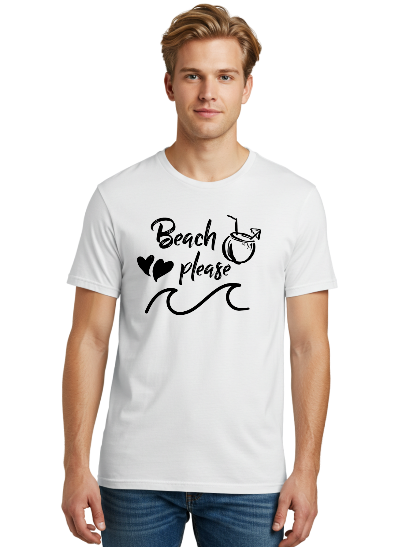 Beach-Please Men'S Graphic Tee, 100% Cotton, Comfortable Casual Summer Wear, Machine Washable, Beach Vibes, Summer Getaway, Tropical Paradise, Coconut Drink, Ocean Waves, Wavy Line Art, Black Hearts, Beachy Feel, Vacation Mode Aac503 14
