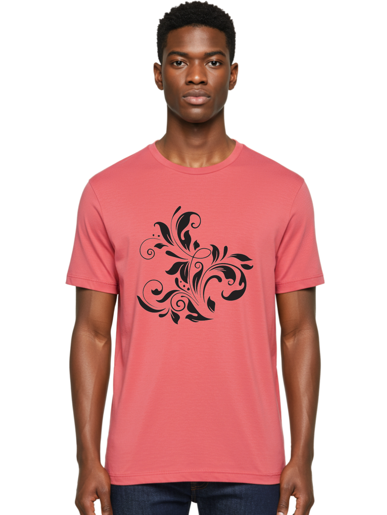Black-Floral-Pattern Men'S Graphic Tee, 100% Cotton, Comfortable Casual Summer Wear, Machine Washable, Black Floral Pattern, Swirling Leaves, Ornate Design, Decorative Elements, Intricate Details, Elegant Graphics Aac519 24