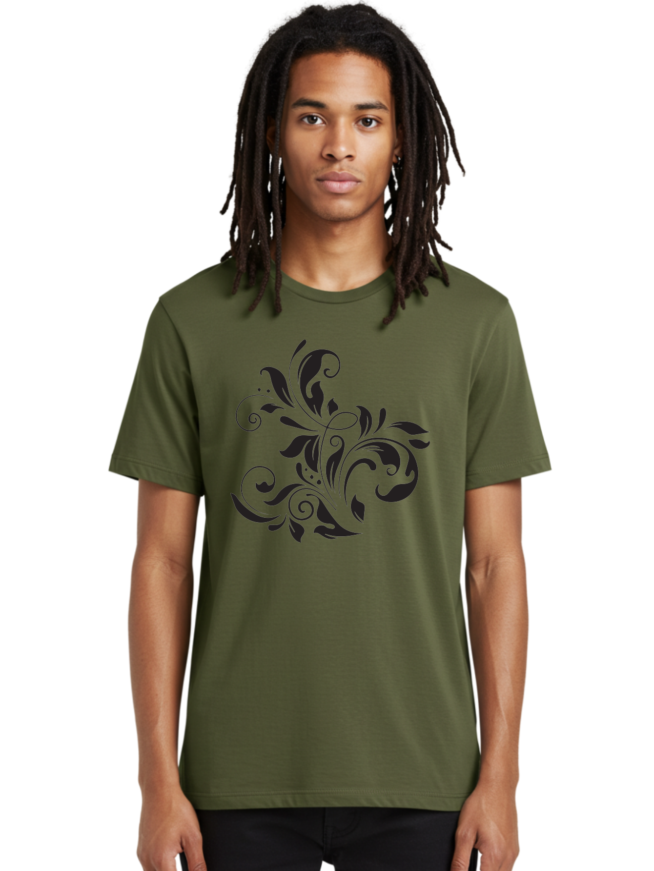 Black-Floral-Pattern Men'S Graphic Tee, 100% Cotton, Comfortable Casual Summer Wear, Machine Washable, Black Floral Pattern, Swirling Leaves, Ornate Design, Decorative Elements, Intricate Details, Elegant Graphics Aac519 22