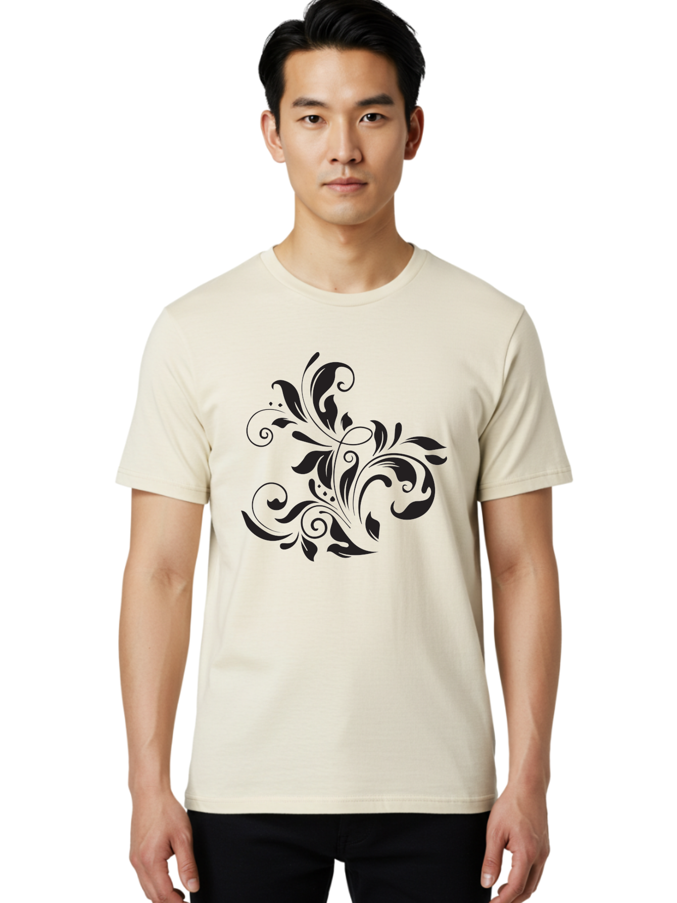 Black-Floral-Pattern Men'S Graphic Tee, 100% Cotton, Comfortable Casual Summer Wear, Machine Washable, Black Floral Pattern, Swirling Leaves, Ornate Design, Decorative Elements, Intricate Details, Elegant Graphics Aac519 12