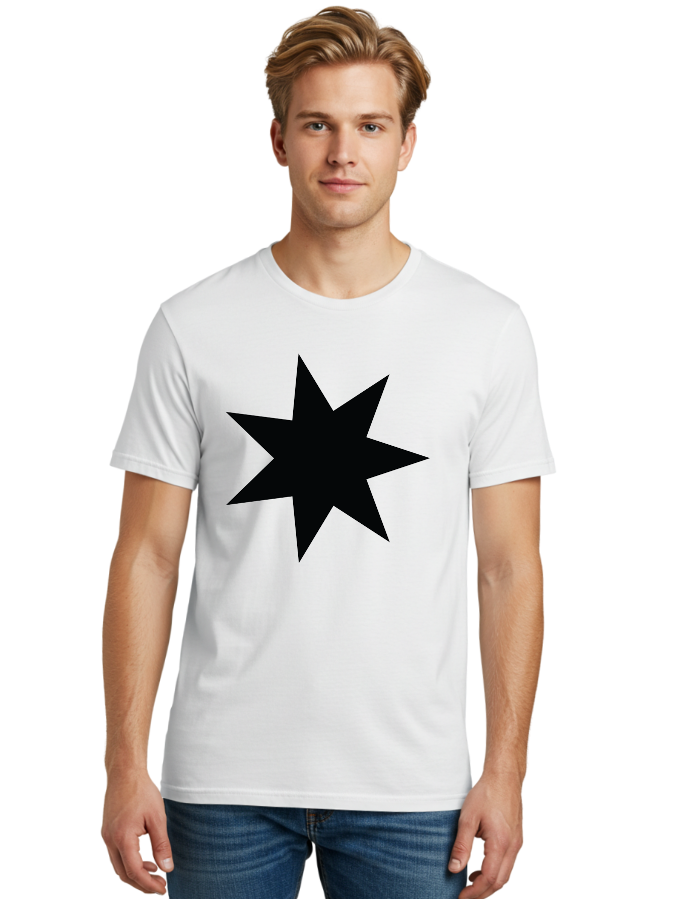 Black-Star-1 Men'S Graphic Tee, 100% Cotton, Comfortable Casual Summer Wear, Machine Washable, Eight Pointed Star, Black Star, Star Graphic, Bold Shape, Geometric Design, Symmetrical Pattern, Star Symbol Aac521 4
