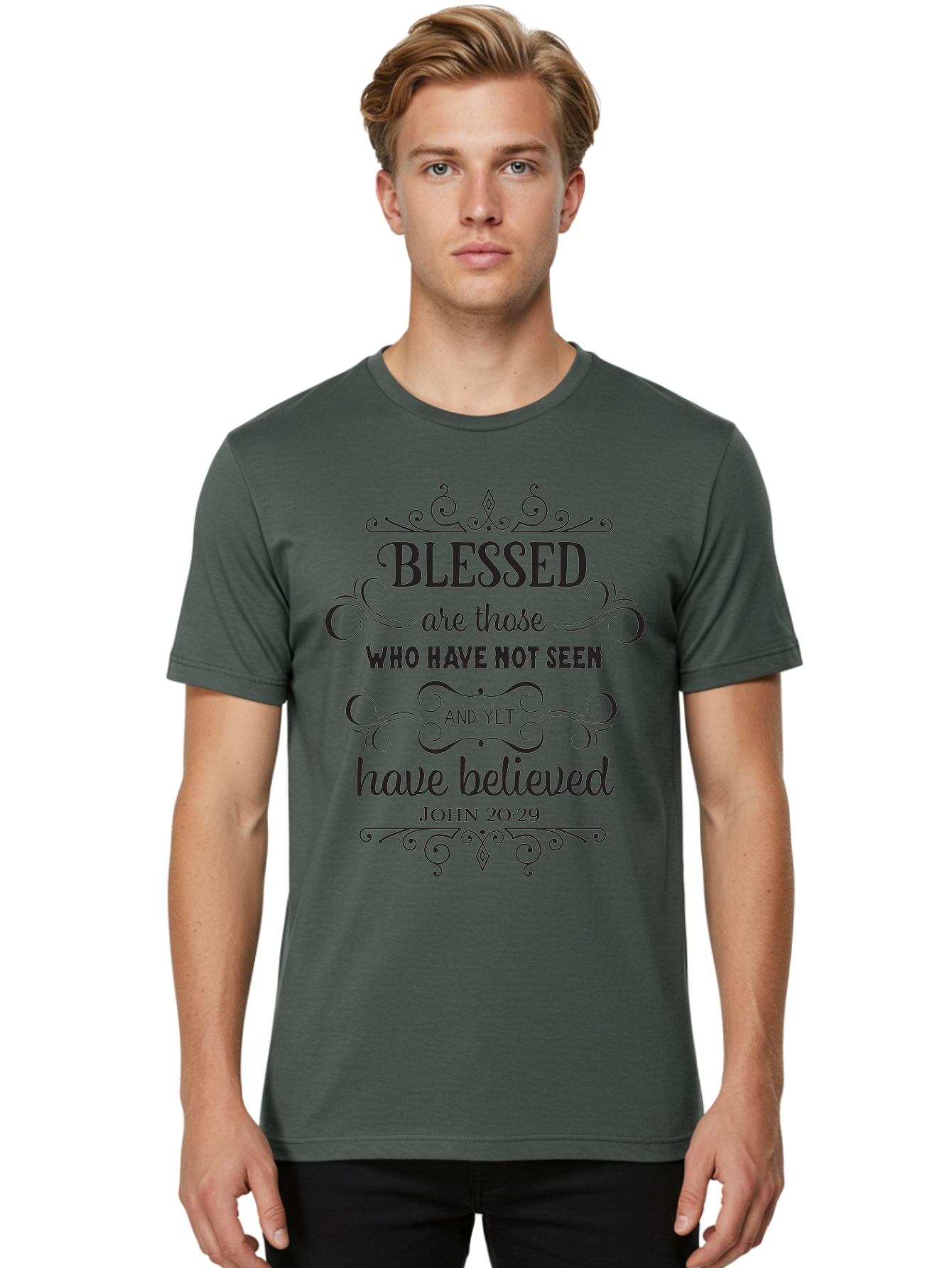 Blessed-Are-Those Men'S Graphic Tee, 100% Cotton, Comfortable Casual Summer Wear, Machine Washable, Inspirational Quote, Faith-Based Message, Biblical Scripture, John 20:29, Blessed Are Those Who Have Not Seen And Yet Have Believed, Aac526 18