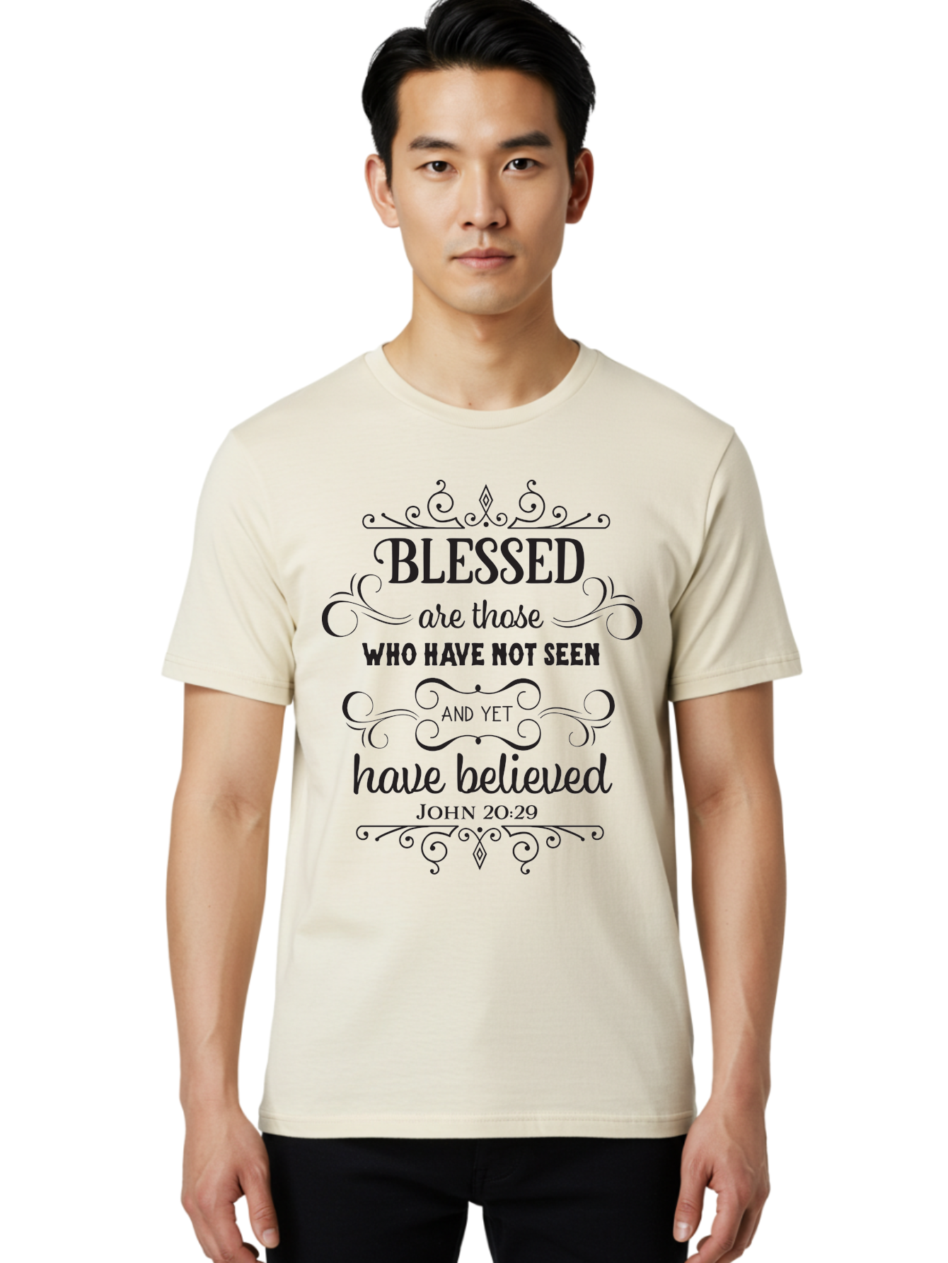 Blessed-Are-Those Men'S Graphic Tee, 100% Cotton, Comfortable Casual Summer Wear, Machine Washable, Inspirational Quote, Faith-Based Message, Biblical Scripture, John 20:29, Blessed Are Those Who Have Not Seen And Yet Have Believed, Aac526 20